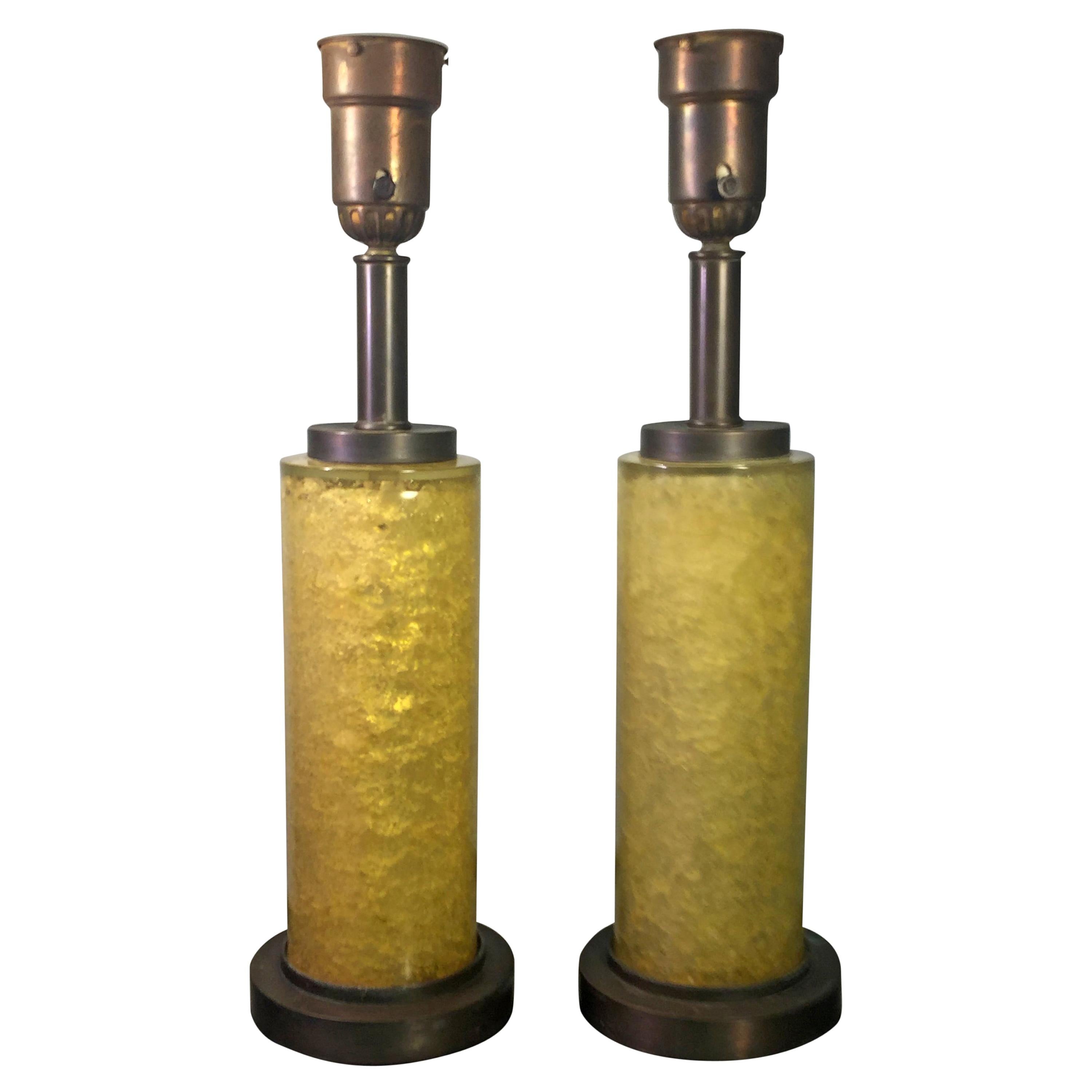 Pair of 1940s Modernist Fractured Yellow Resin Cylinder Lamps For Sale