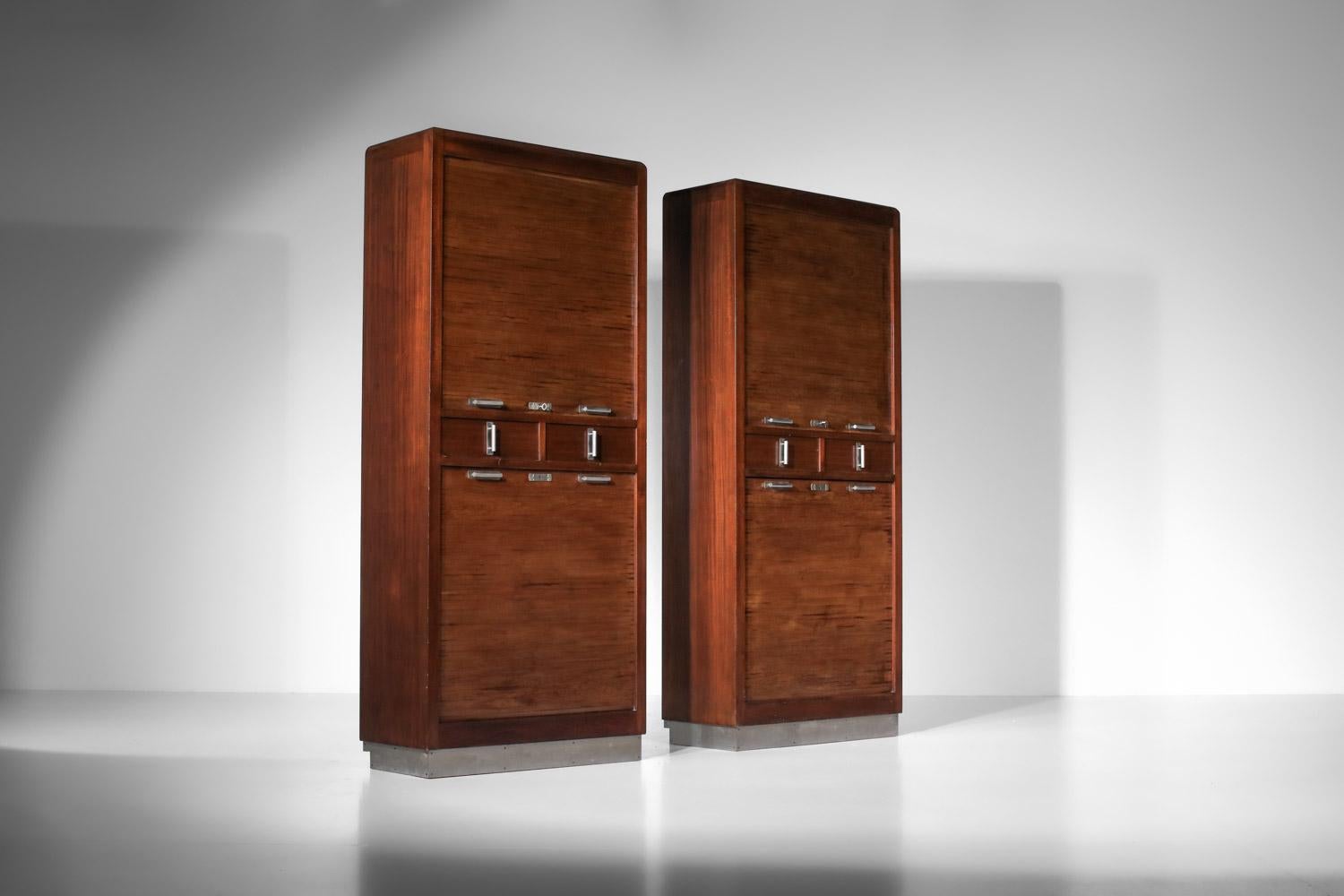 Pair of 1940s modernist solid wood shutter cabinets For Sale 5