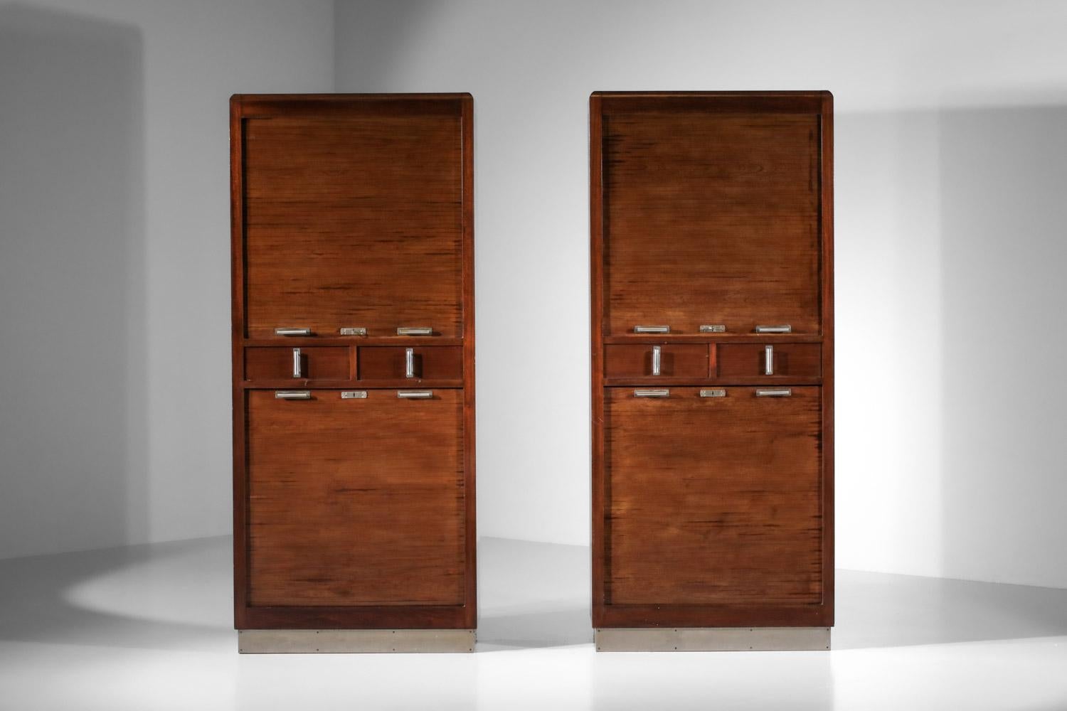 Pair of 1940s modernist solid wood shutter cabinets For Sale 6