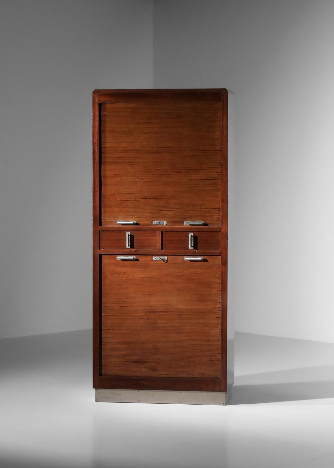 French Pair of 1940s modernist solid wood shutter cabinets For Sale