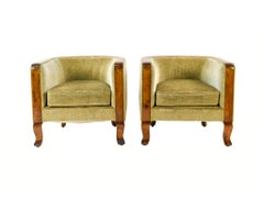 Pair of 1940s Mohair and Sycamore Burl Danish Art Deco Club Chairs