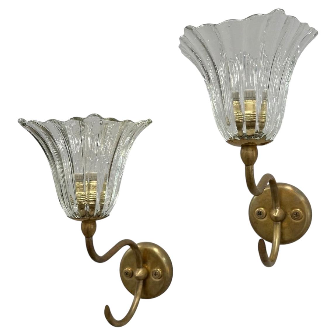 Par de apliques vintage de cristal de Murano de los años 40, diseñados por Ercole Barovier en venta