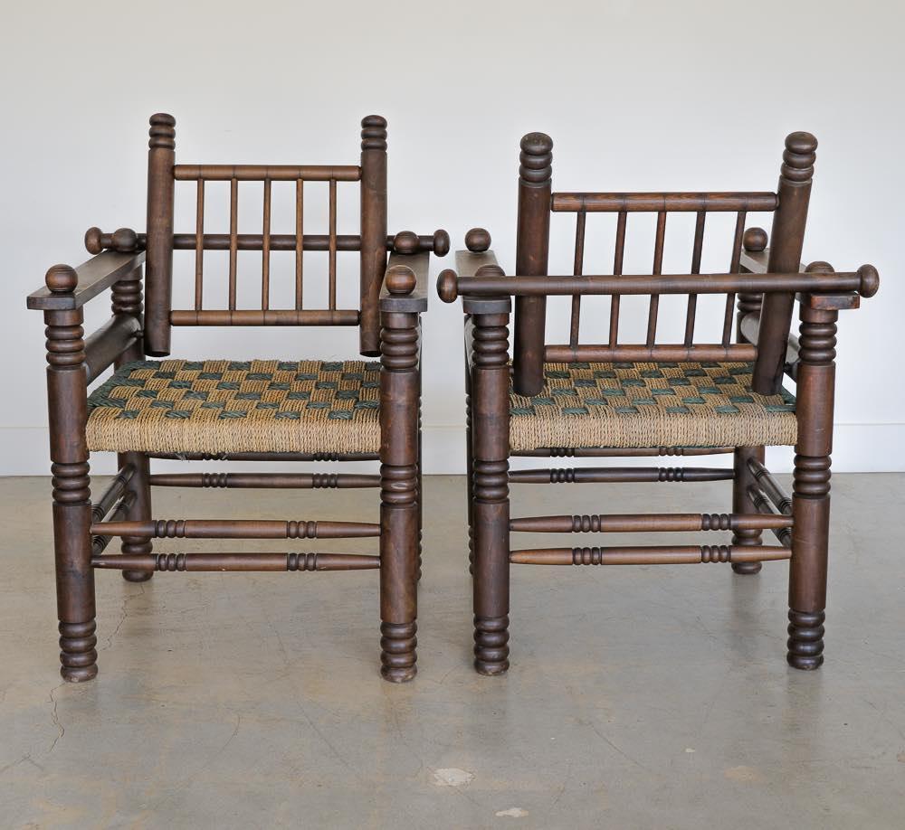 Pair of 1940's Oak and Woven Lounge Chairs by Charles Dudouyt For Sale 4