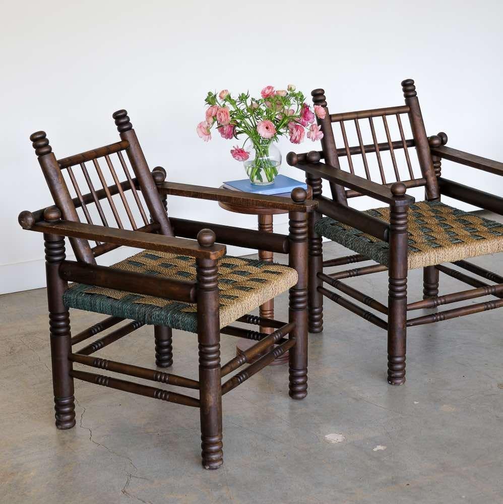 French Pair of 1940's Oak and Woven Lounge Chairs by Charles Dudouyt For Sale