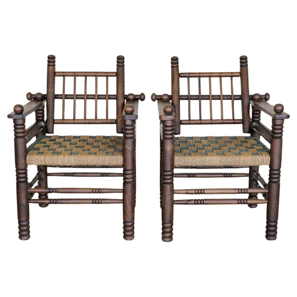 Pair of 1940's Oak and Woven Lounge Chairs by Charles Dudouyt For Sale