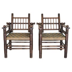 Antique Pair of 1940's Oak and Woven Lounge Chairs by Charles Dudouyt