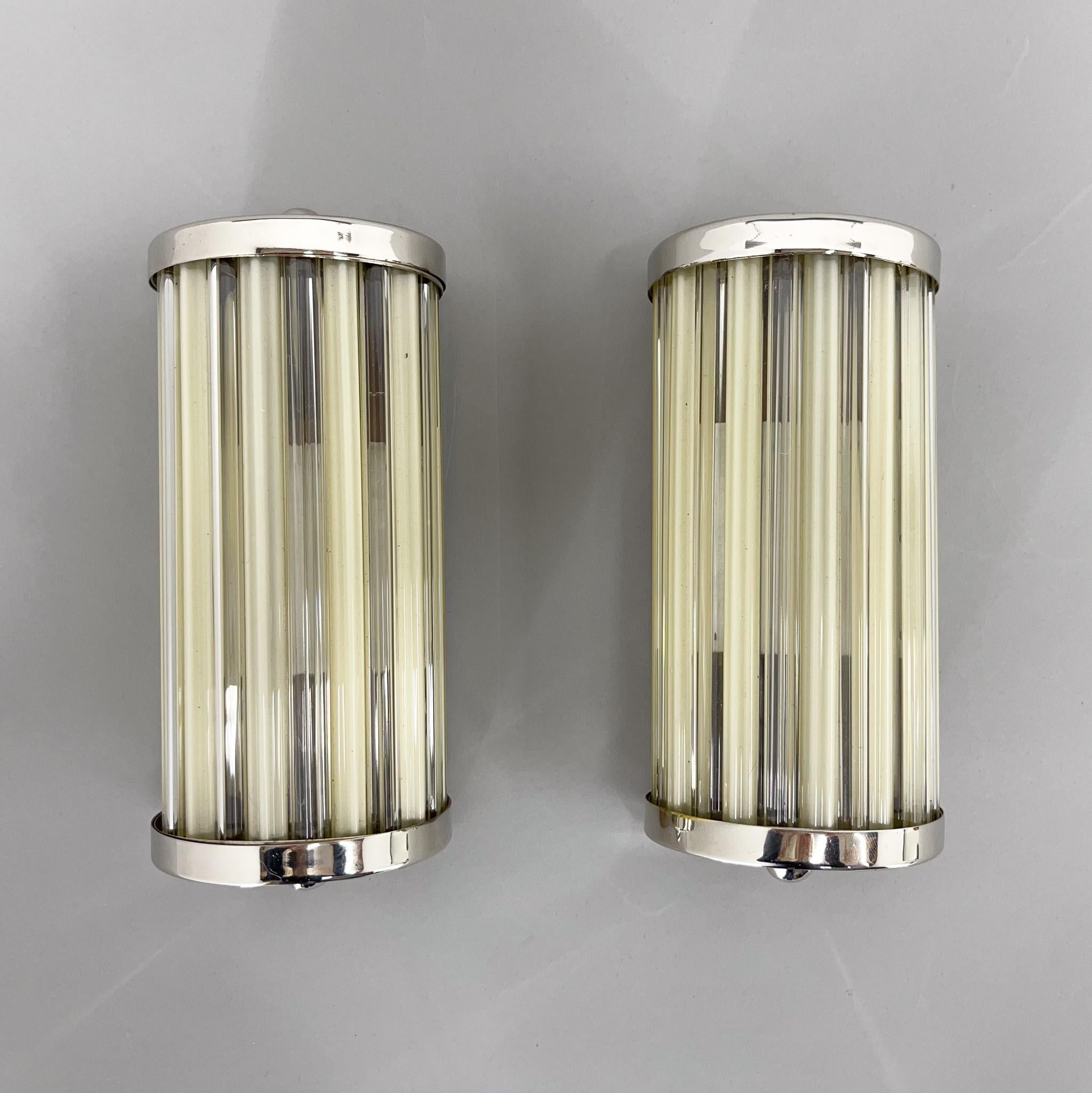Mid-20th Century Pair of 1940s Rare Italian Chrome & Glass Wall Lamps, Restored