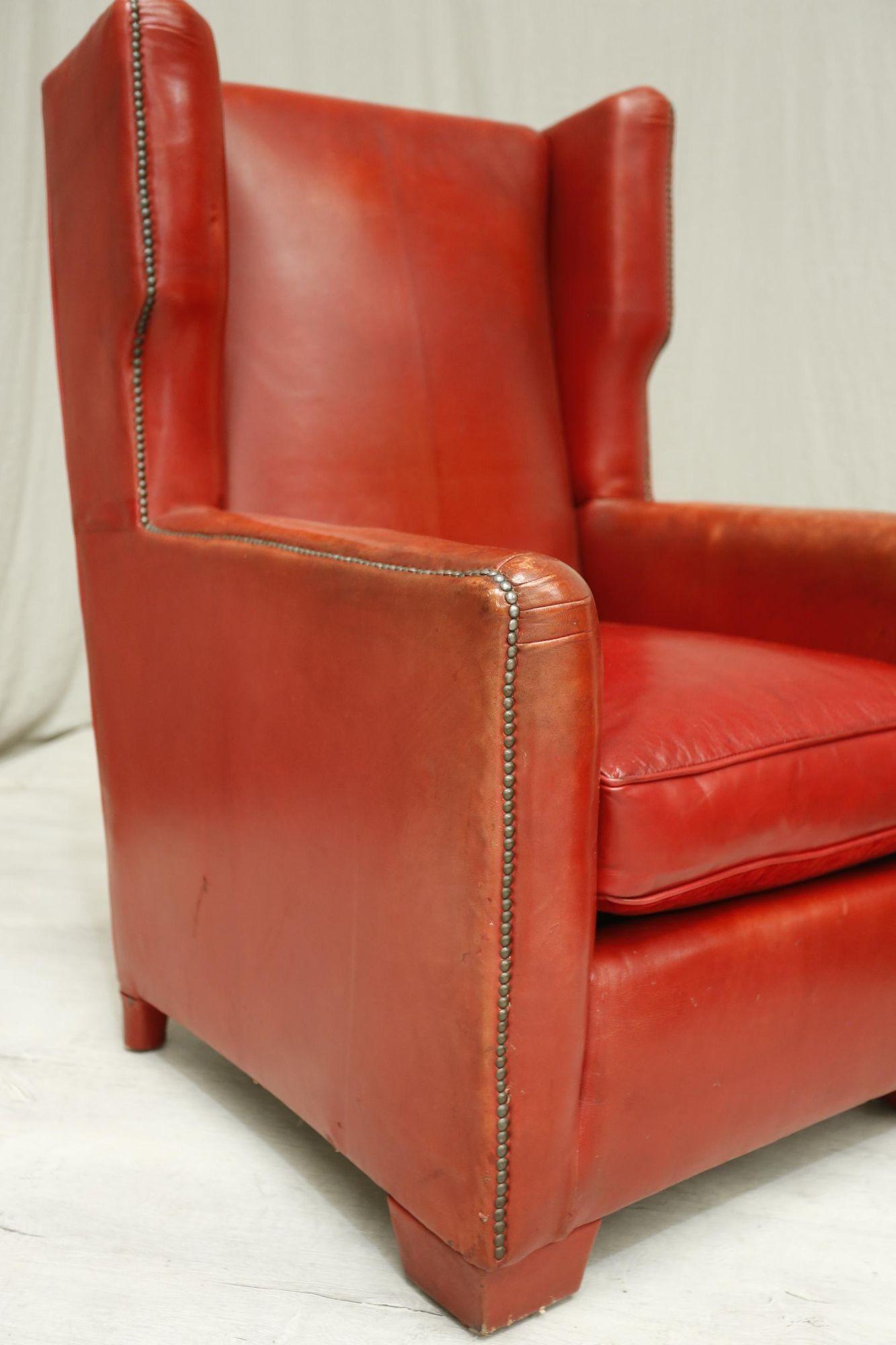 Pair of 1940's Red Leather Armchairs In Excellent Condition In Malton, GB