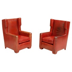 Vintage Pair of 1940's Red Leather Armchairs