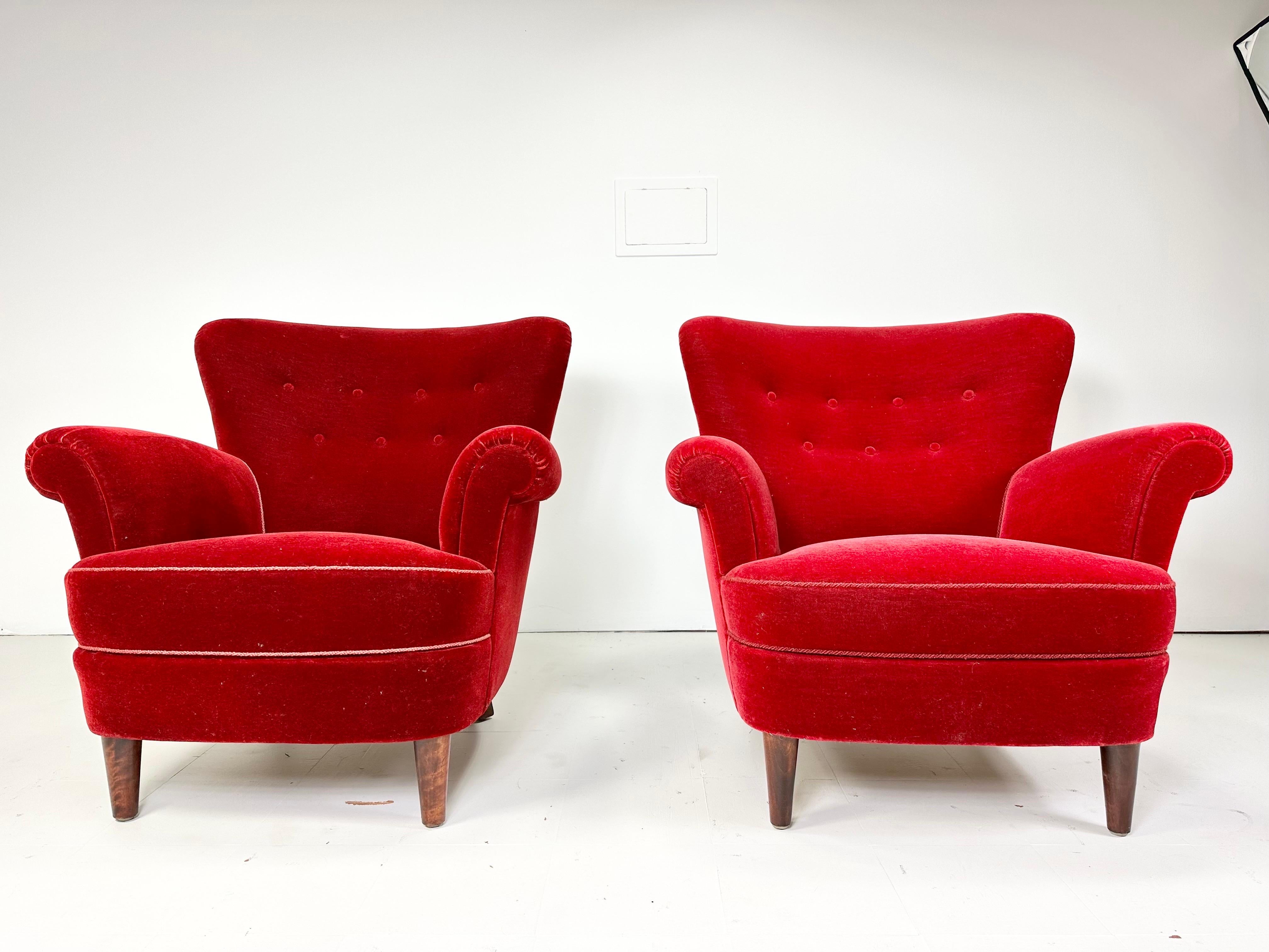 Pair of 1940’s Red Velvet Danish Lounge Chairs  For Sale 5