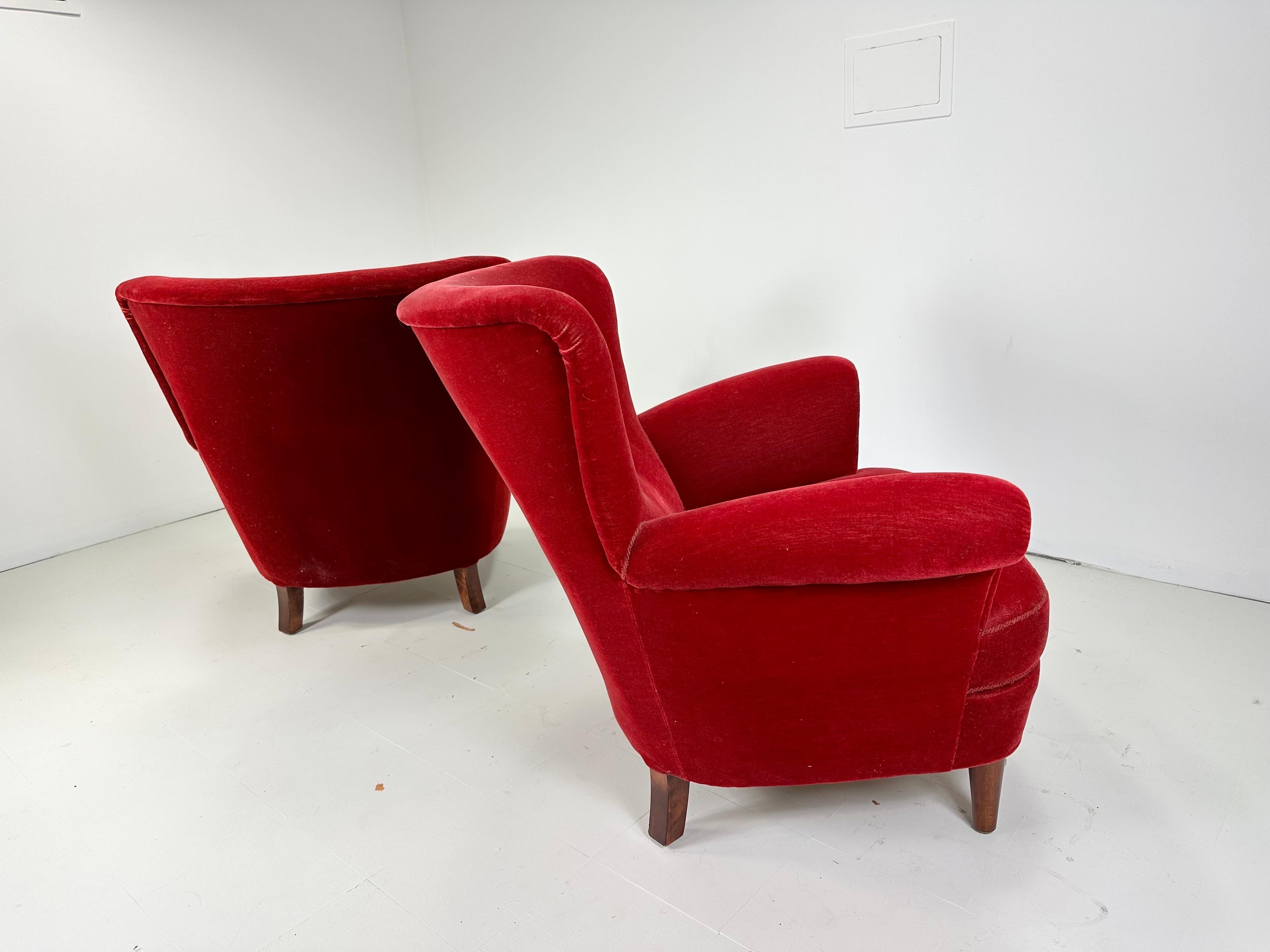 Pair of 1940’s Red Velvet Danish Lounge Chairs  In Good Condition For Sale In Turners Falls, MA