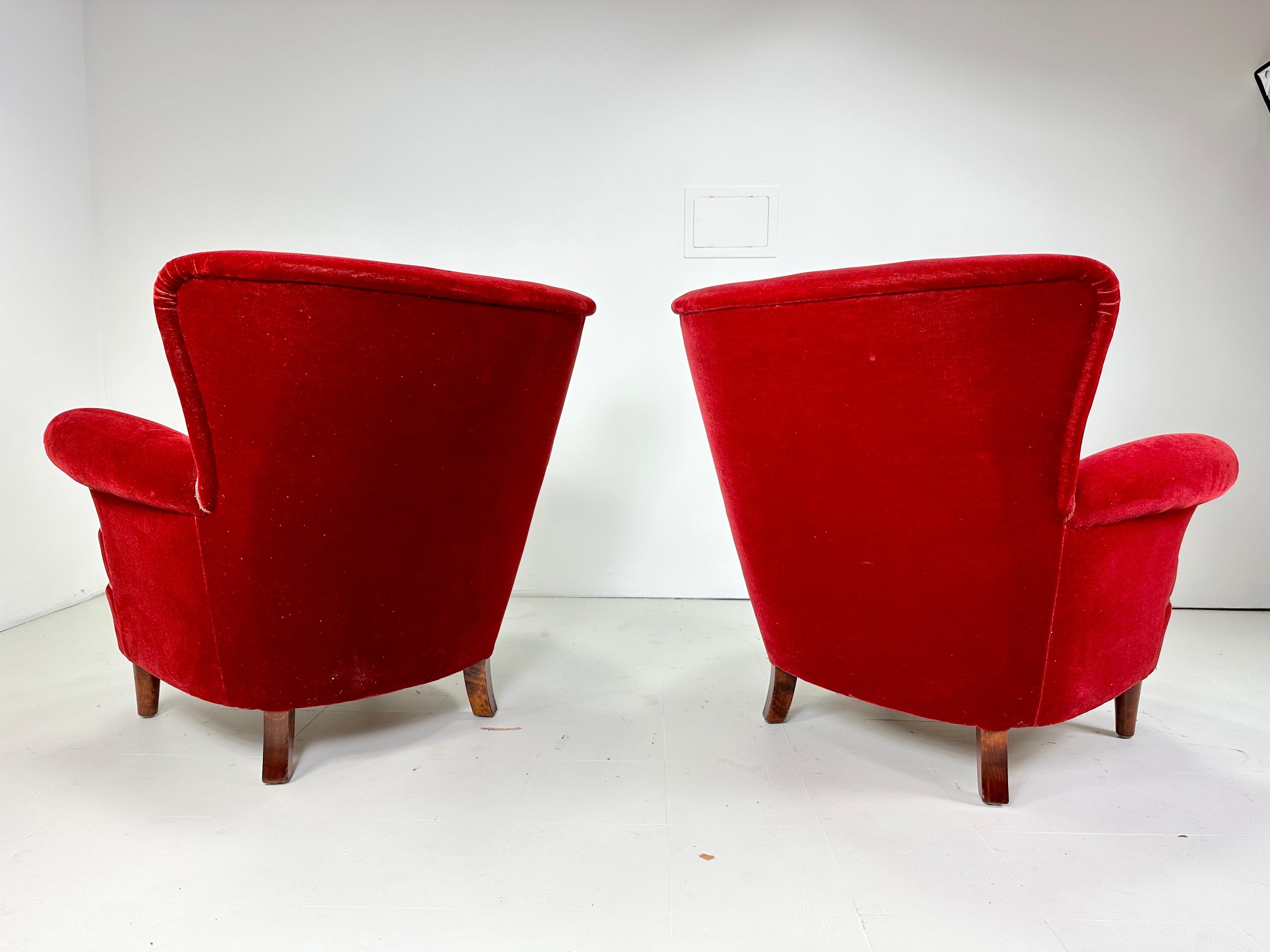 20th Century Pair of 1940’s Red Velvet Danish Lounge Chairs  For Sale