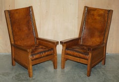 PAIR OF 1940's ROBERT MOUSEMAN THOMPSON BROWN LEATHER CHESTERFIELD ARMCHAIRS