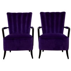 Pair of 1940s Scalloped Back Italian Armchairs in Purple Velvet