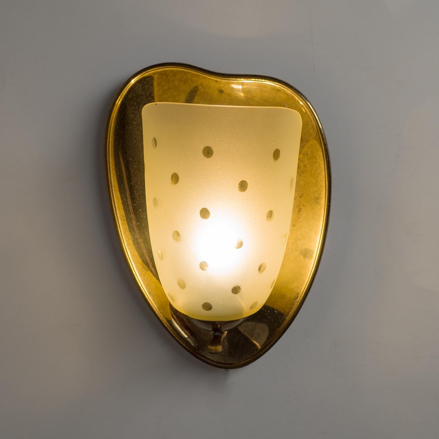 German Pair of 1940s Sconces, Amber Glass and Brass