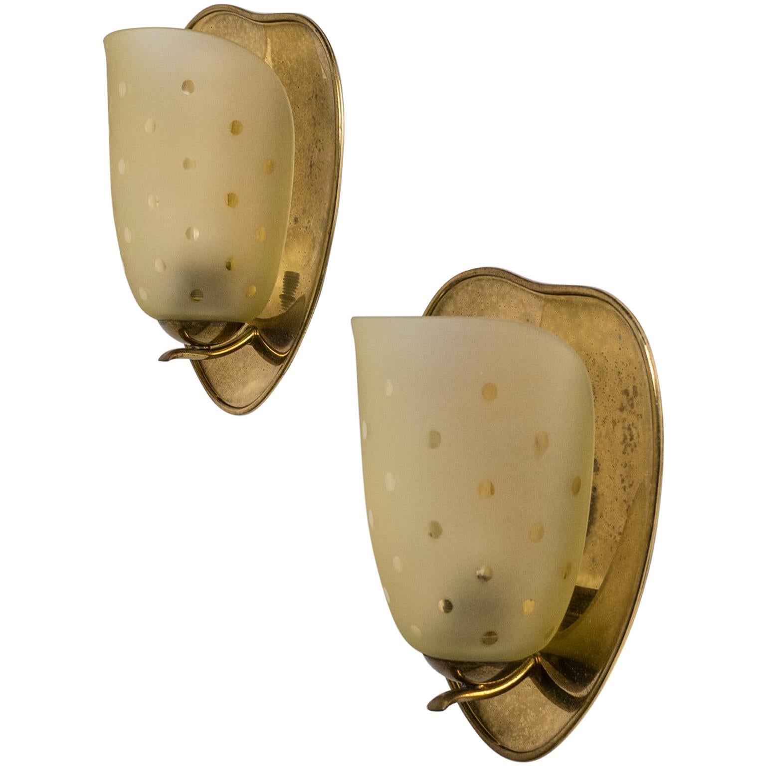 Pair of 1940s Sconces, Amber Glass and Brass