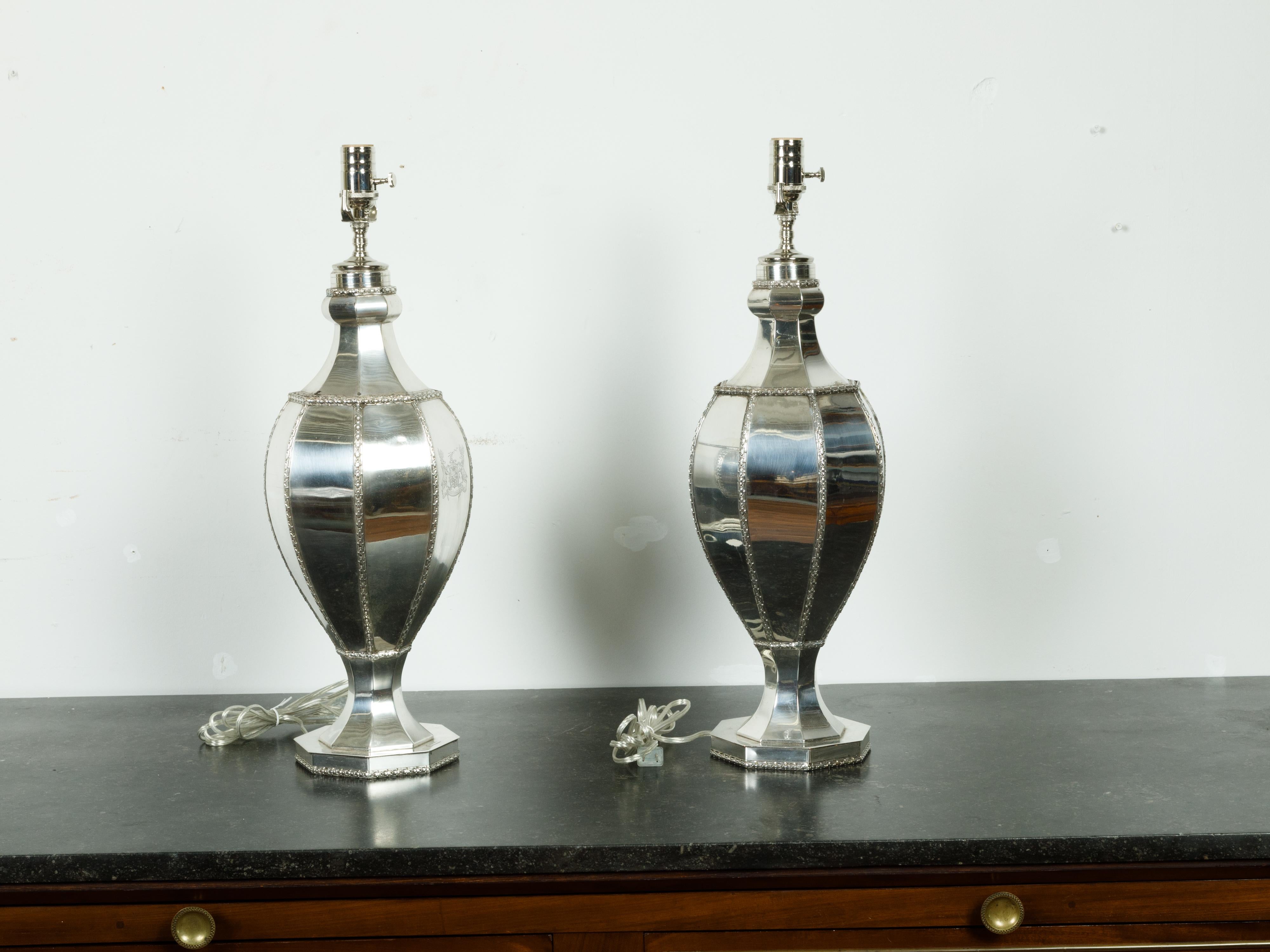 Pair of 1940s Silver Plated Table Lamps with Bious-et-Augax Armorial Crest In Good Condition For Sale In Atlanta, GA