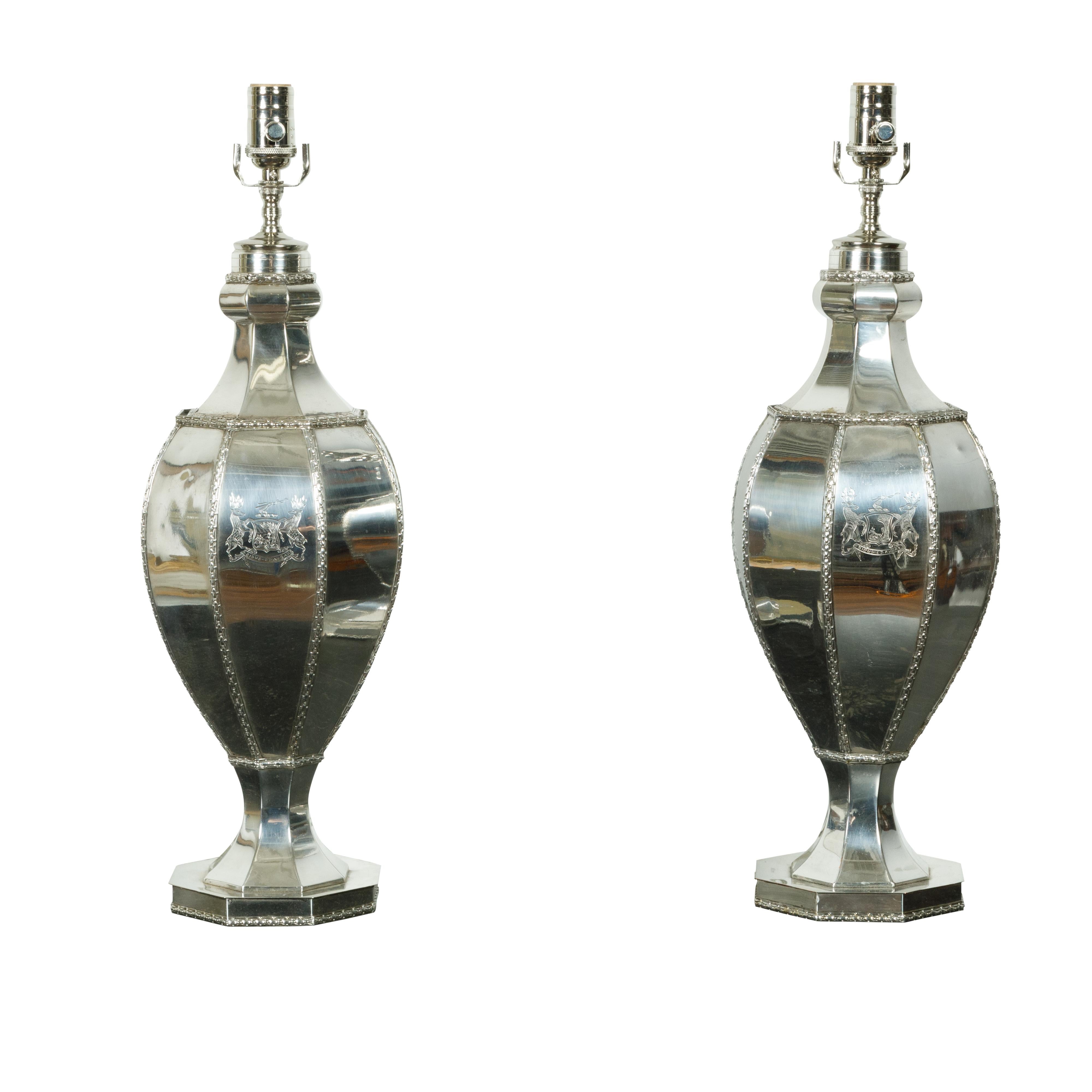 Pair of 1940s Silver Plated Table Lamps with Bious-et-Augax Armorial Crest For Sale