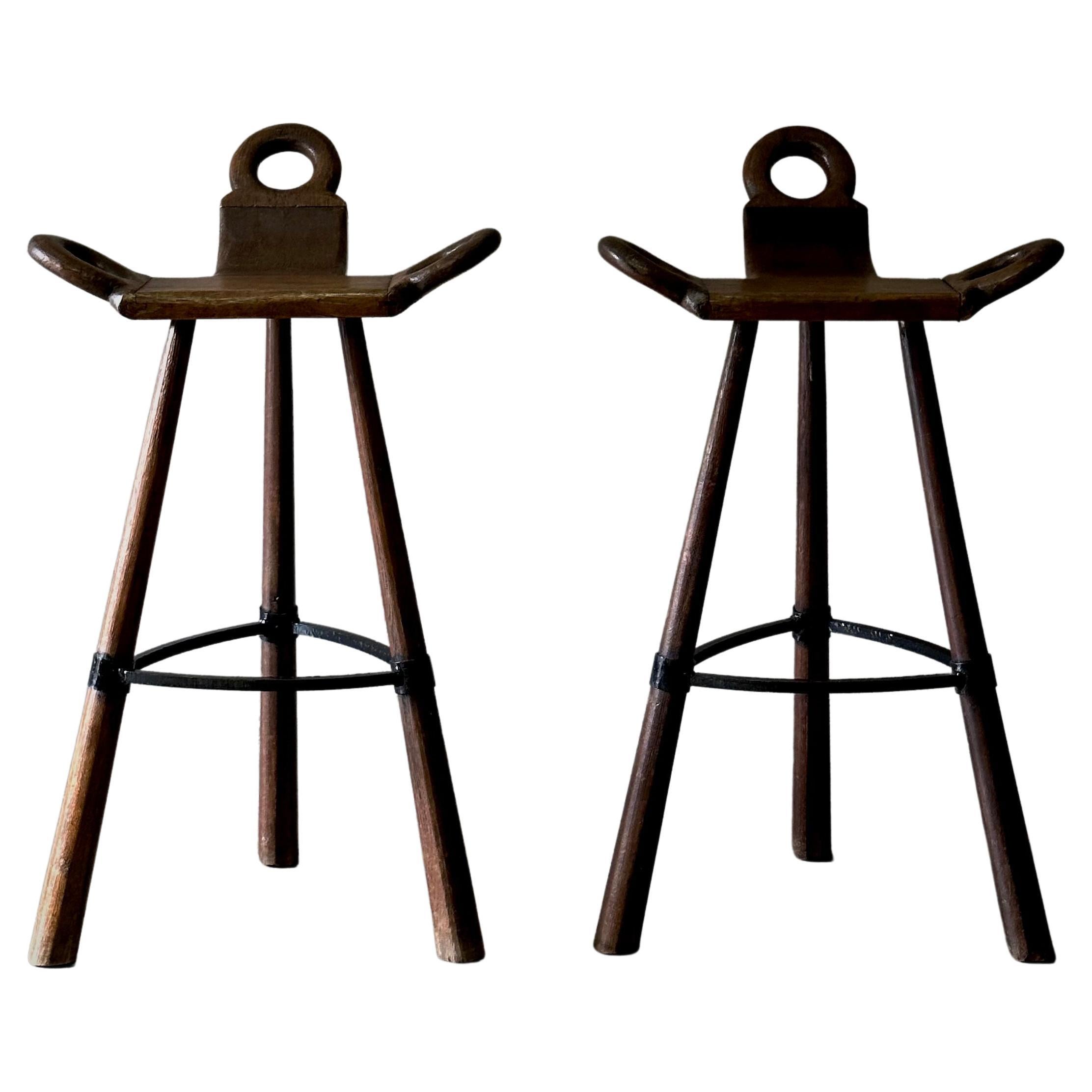 Pair of 1940s Spanish Leather Stools For Sale