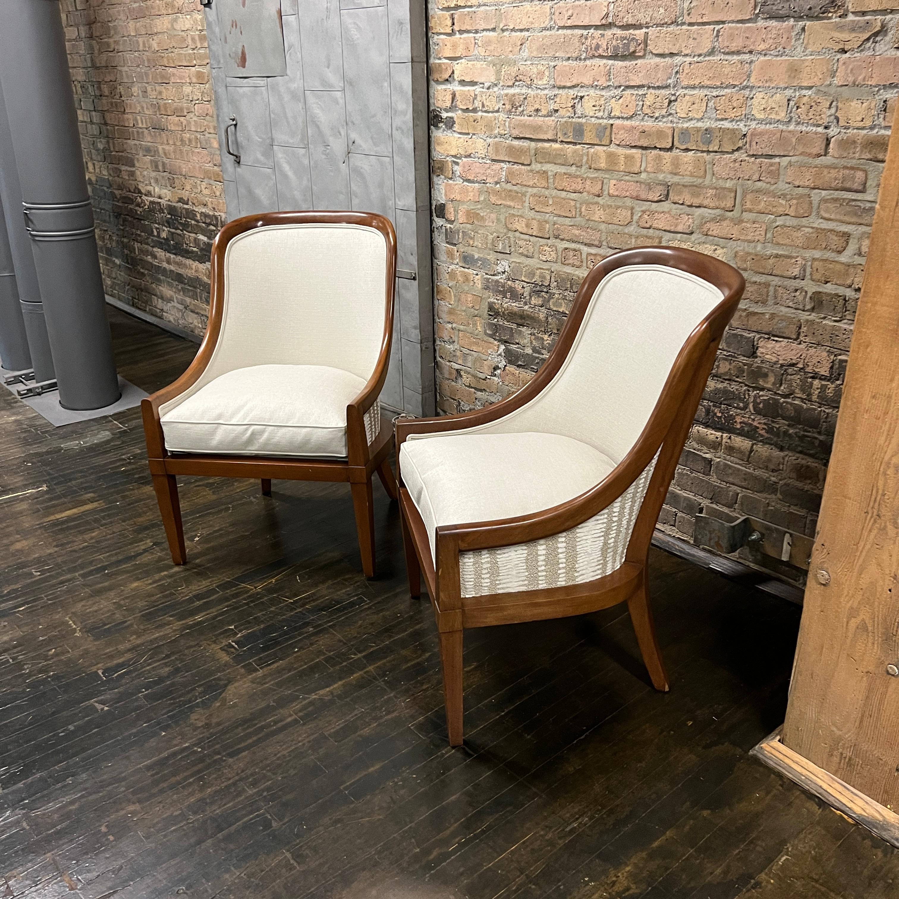 These gorgeous chairs have lovely solid walnut frames and very light gray linen upholstery (on the front of the chair and the seat cushions).  The seat cushions are down filled.  

The back of the chair is upholstered in a coordinating cut velvet
