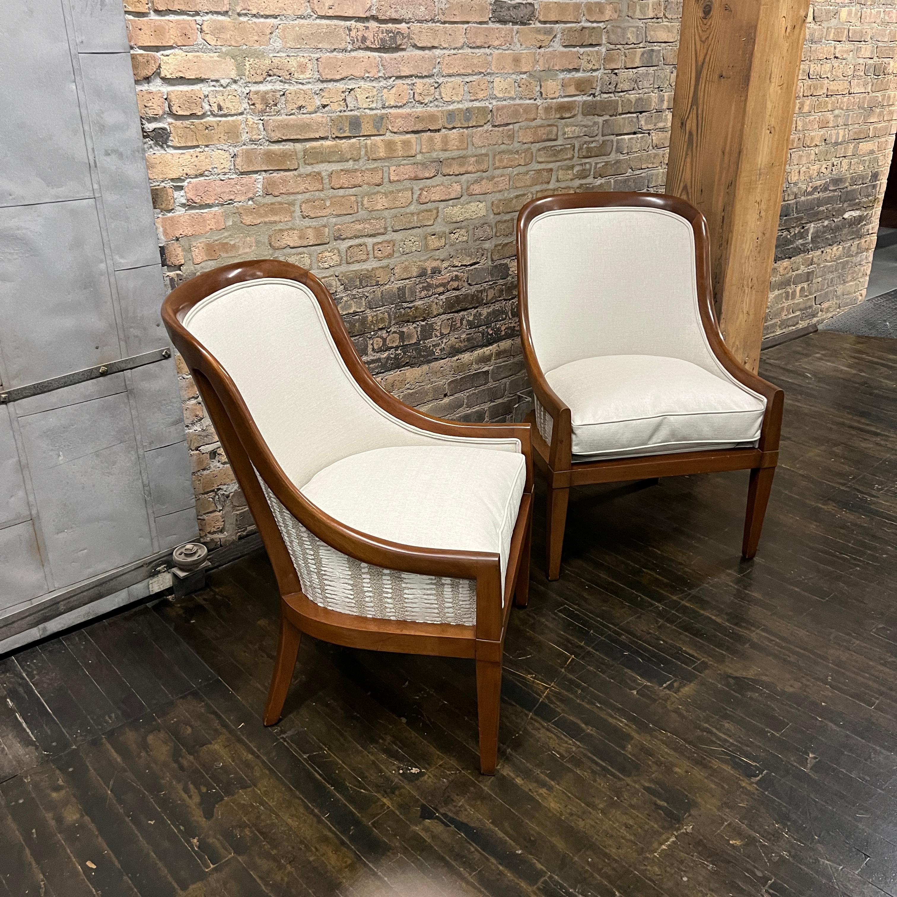 Art Deco Pair of 1940's Spoon Back Lounge Chairs with Walnut Frames For Sale