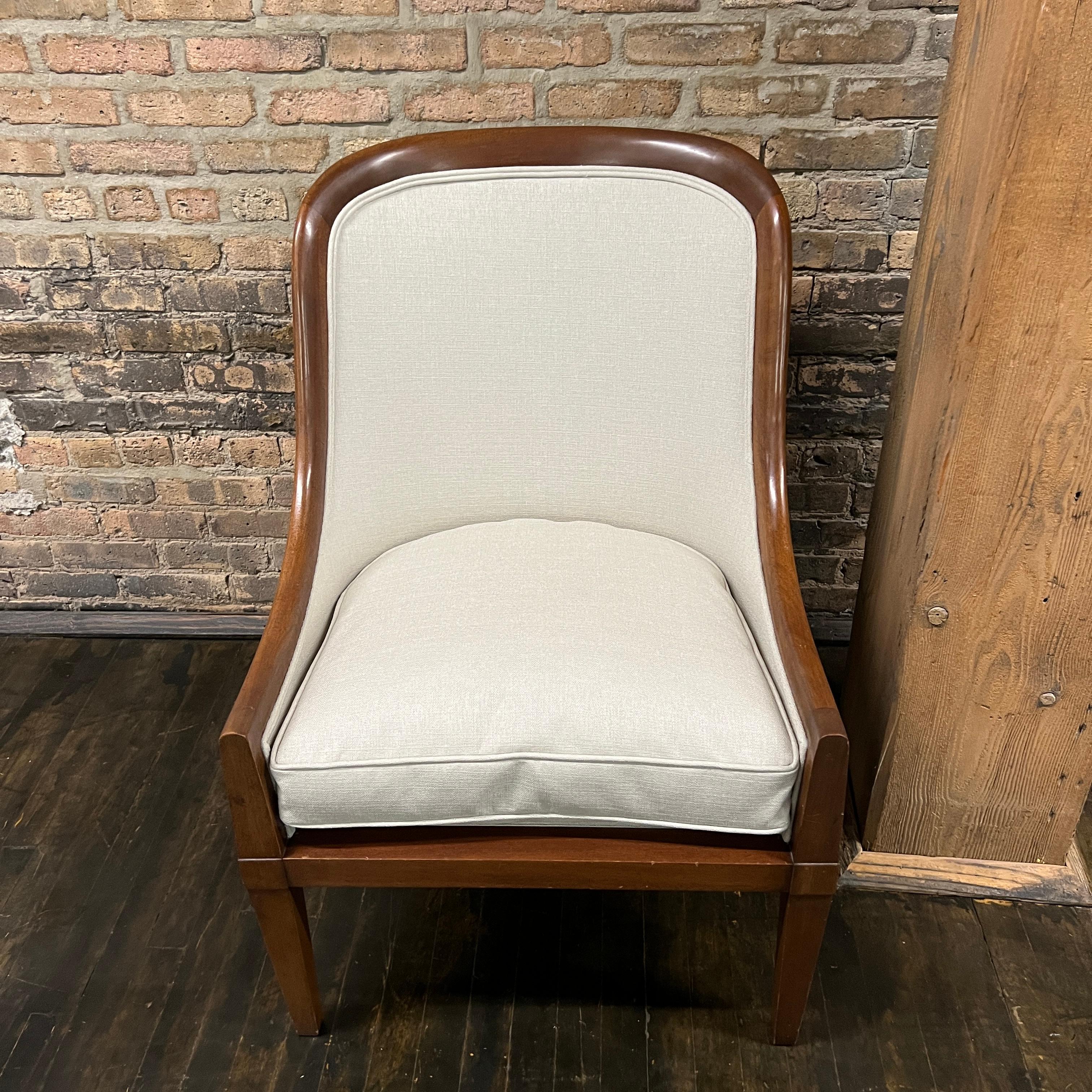Upholstery Pair of 1940's Spoon Back Lounge Chairs with Walnut Frames For Sale