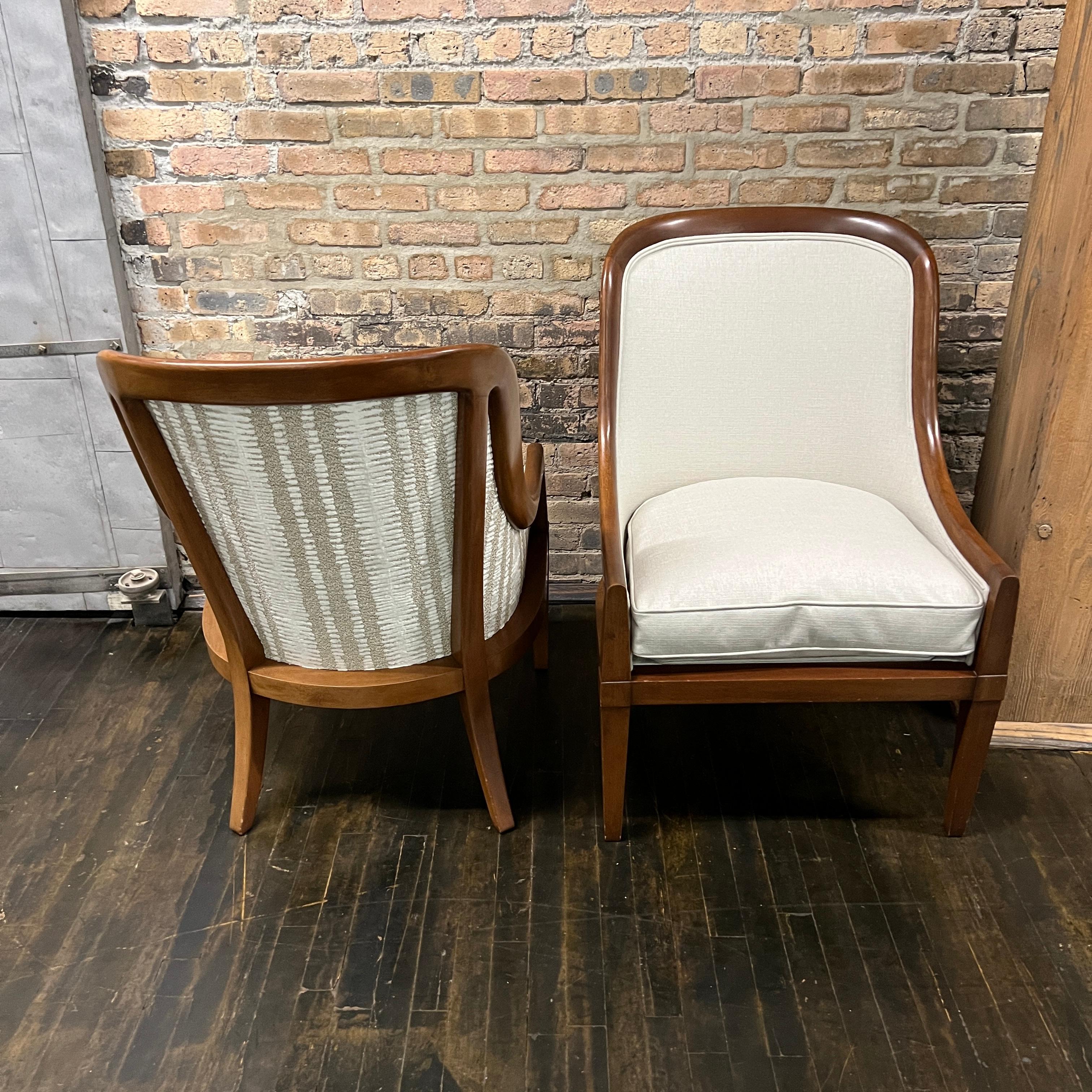Pair of 1940's Spoon Back Lounge Chairs with Walnut Frames For Sale 1