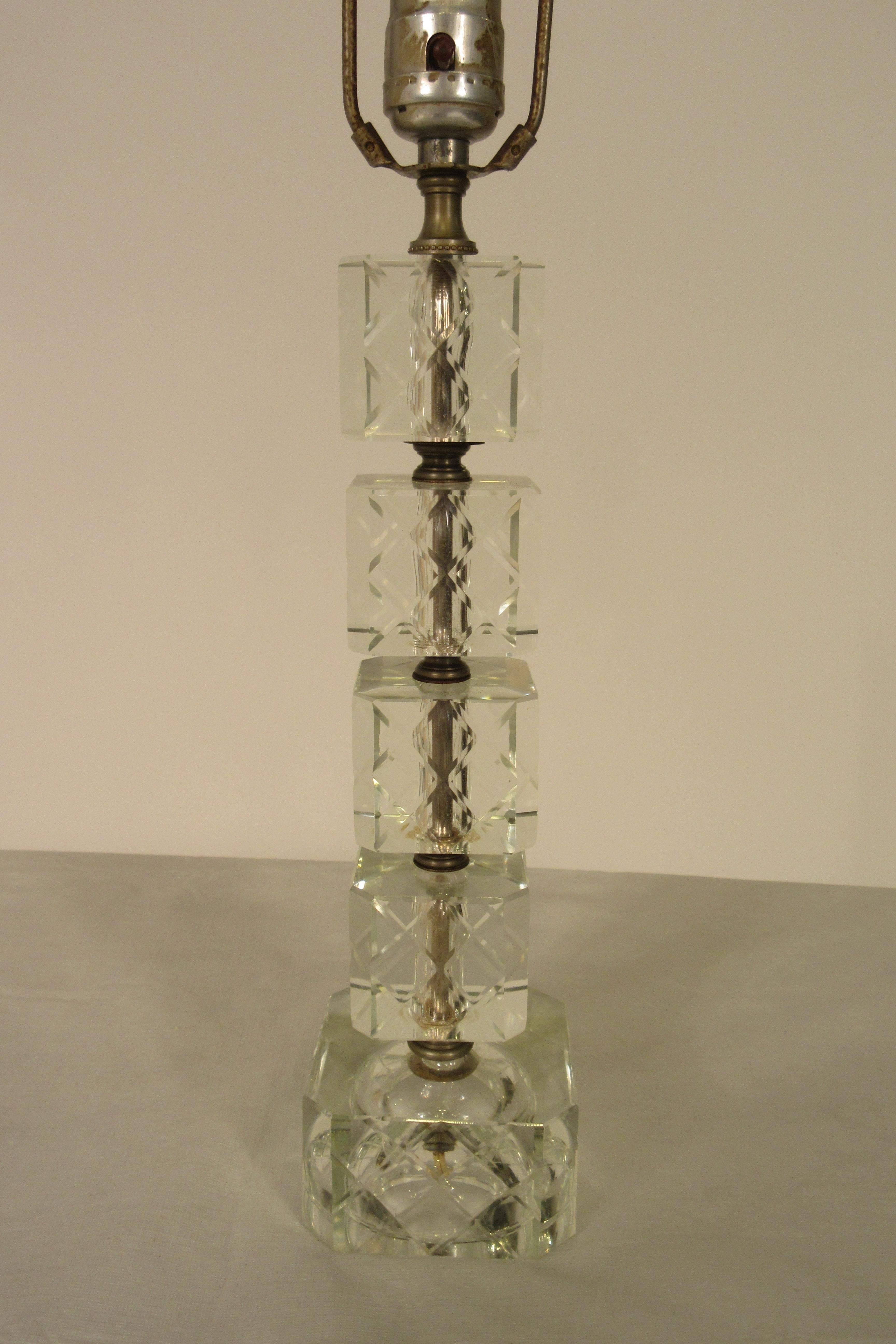 Pair of 1940s stacked etched glass cube lamps with glass finials. Needs rewiring.