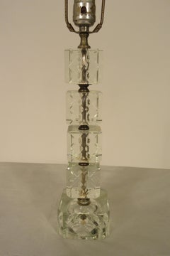 Pair of 1940s Stacked Etched Glass Cube Lamps