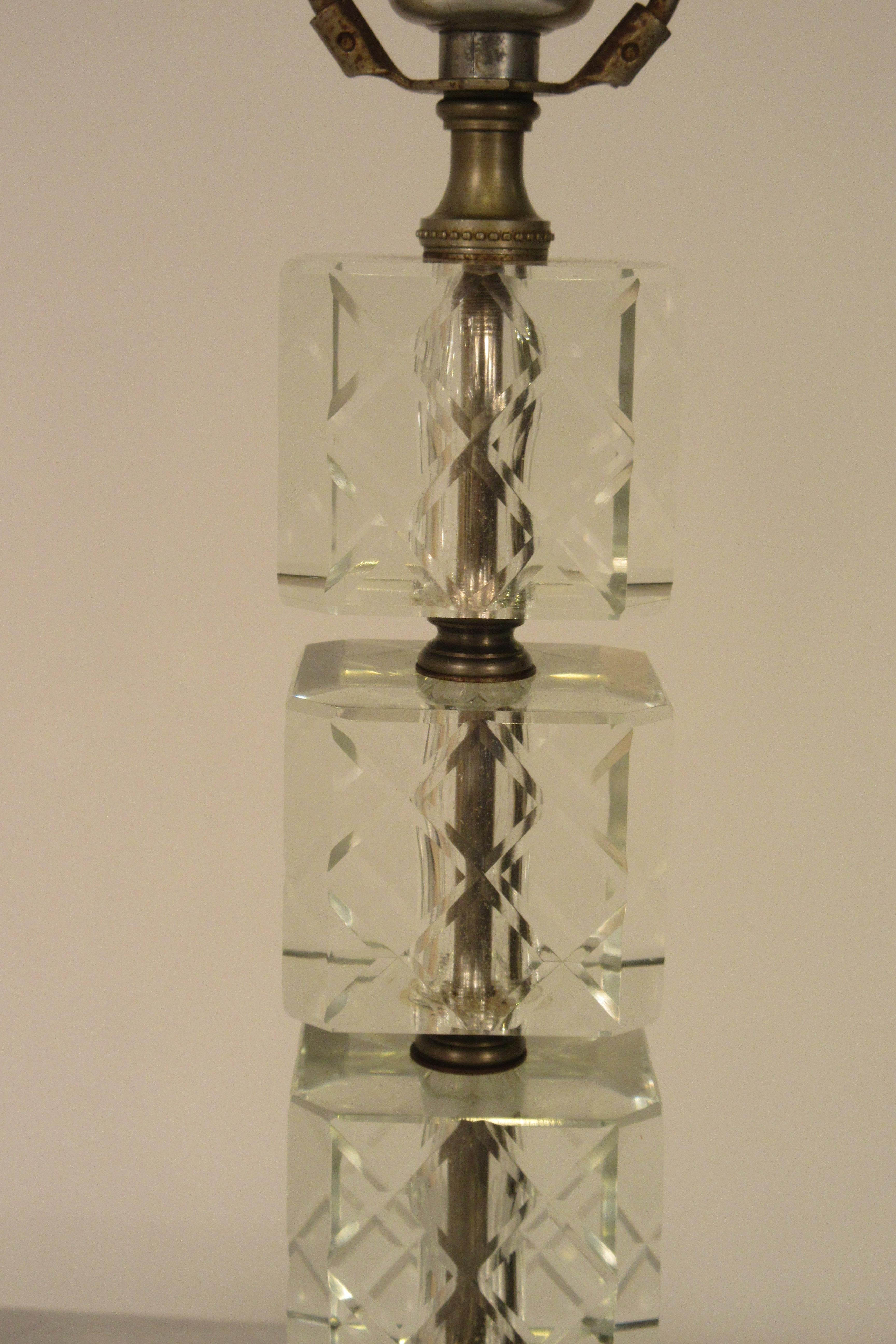 Mid-20th Century Pair of 1940s Stacked Etched Glass Cube Lamps For Sale