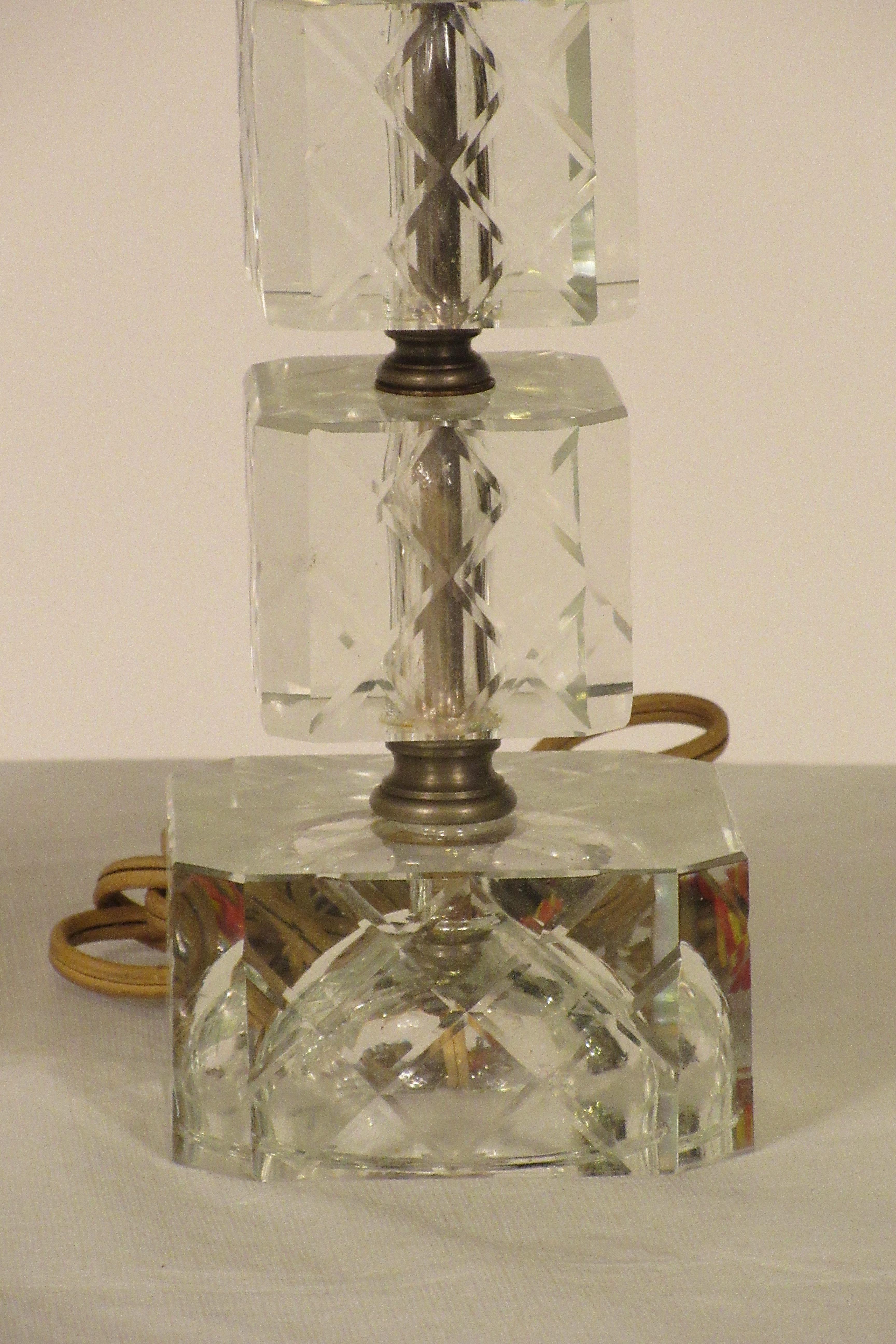 Pair of 1940s Stacked Etched Glass Cube Lamps For Sale 1