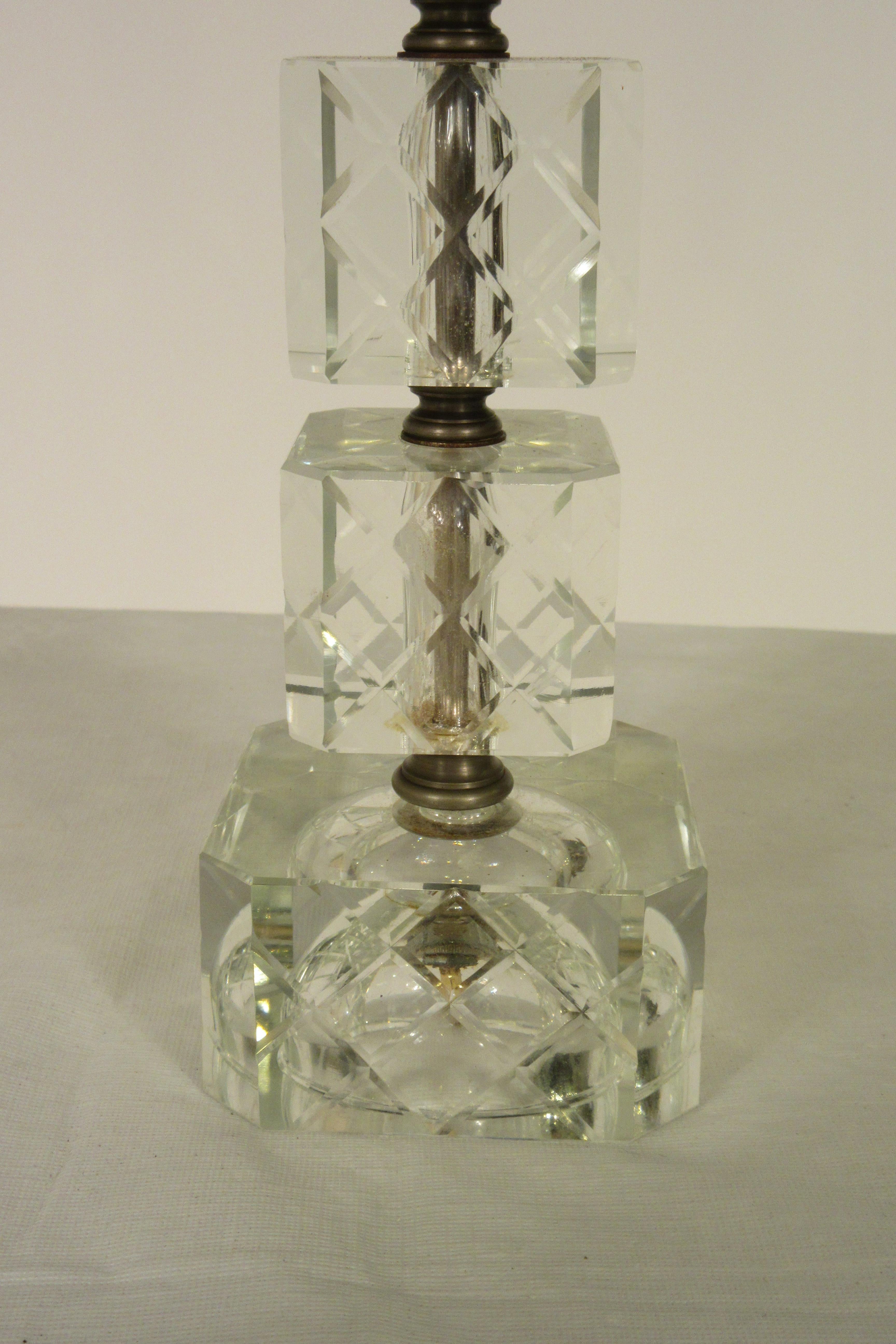 Pair of 1940s Stacked Etched Glass Cube Lamps For Sale 2
