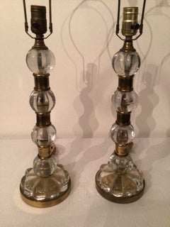 Pair of 1940s Stacked Glass Orb Table Lamps with Brass Trim and Round Brass Base