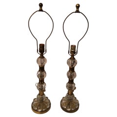 Pair of 1940s Stacked Glass Orb Table Lamps with Brass Trim and Round Brass Base