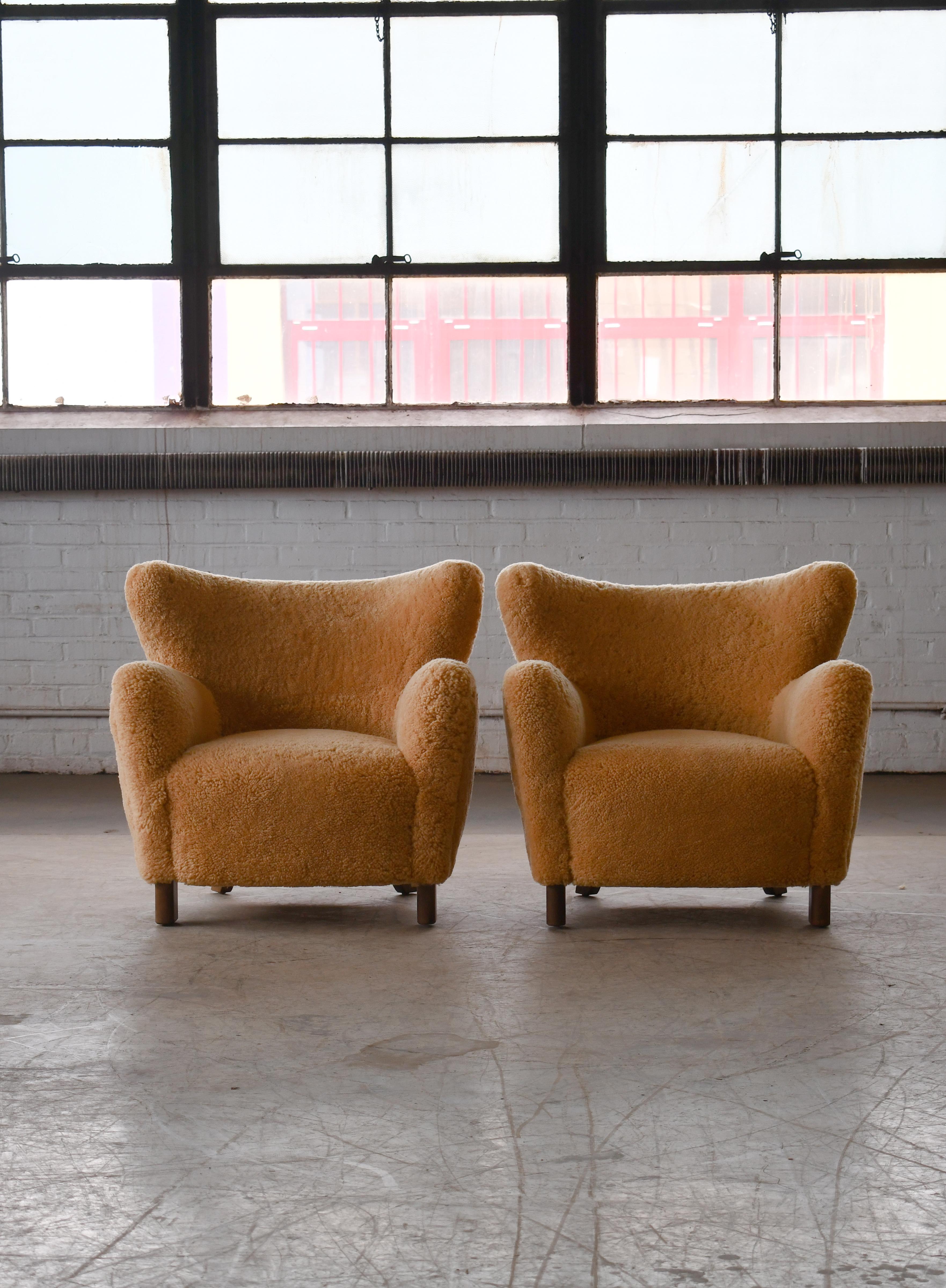 American Pair of 1940's Style Classic Club or Lounge Chairs in Amber Color Shearling For Sale