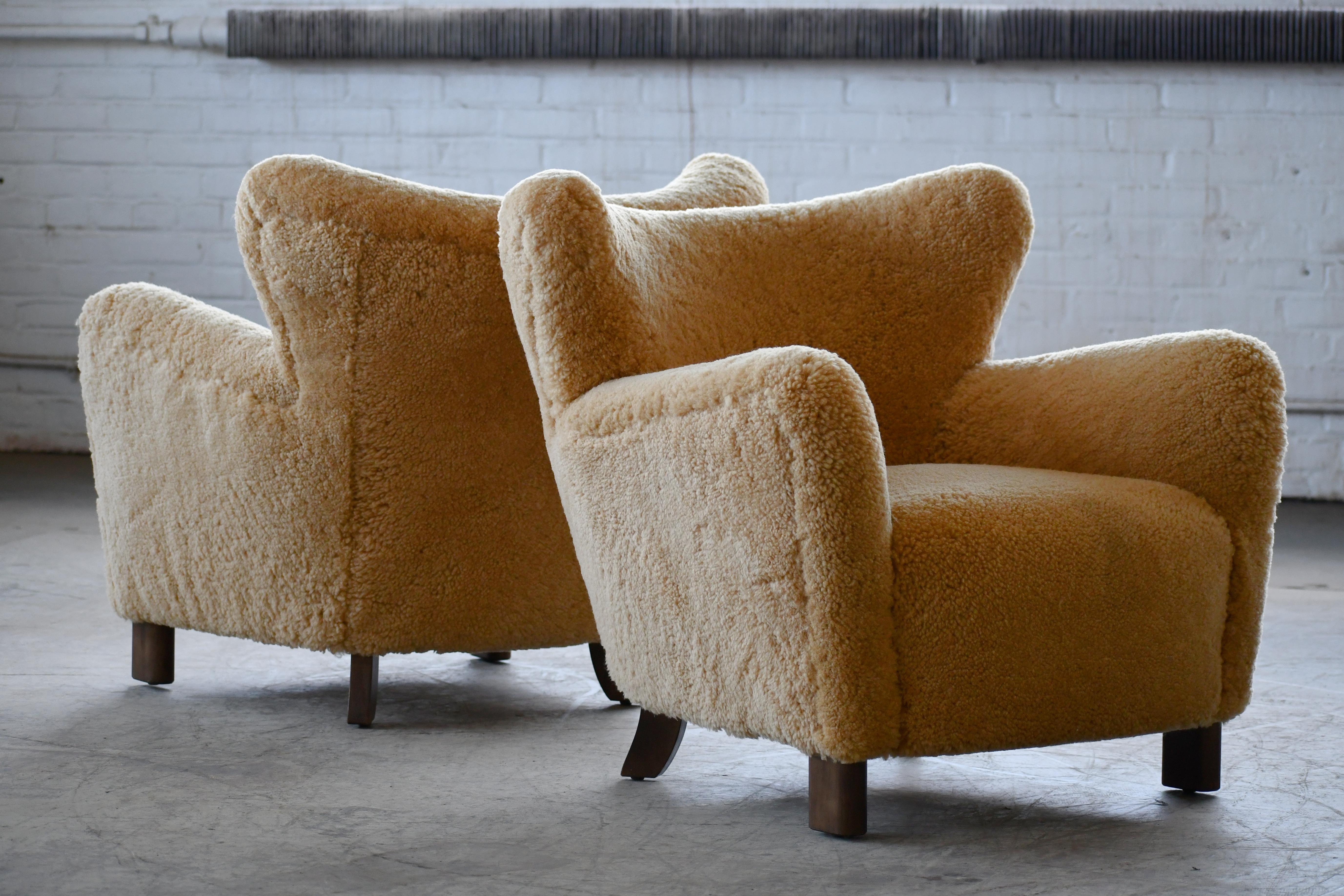 Pair of 1940's Style Classic Club or Lounge Chairs in Amber Color Shearling For Sale 1