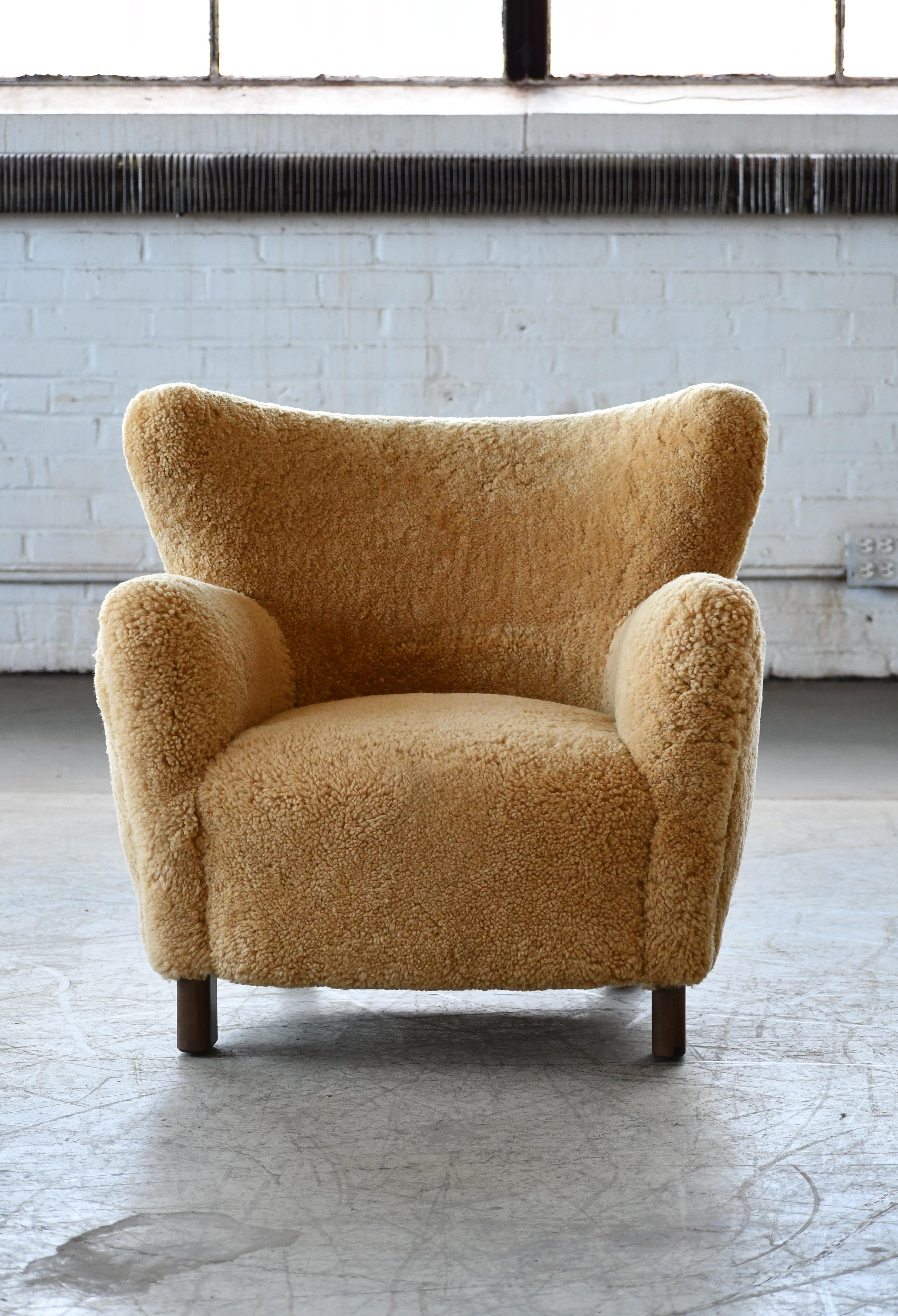 Pair of 1940's Style Classic Club or Lounge Chairs in Amber Color Shearling For Sale 2