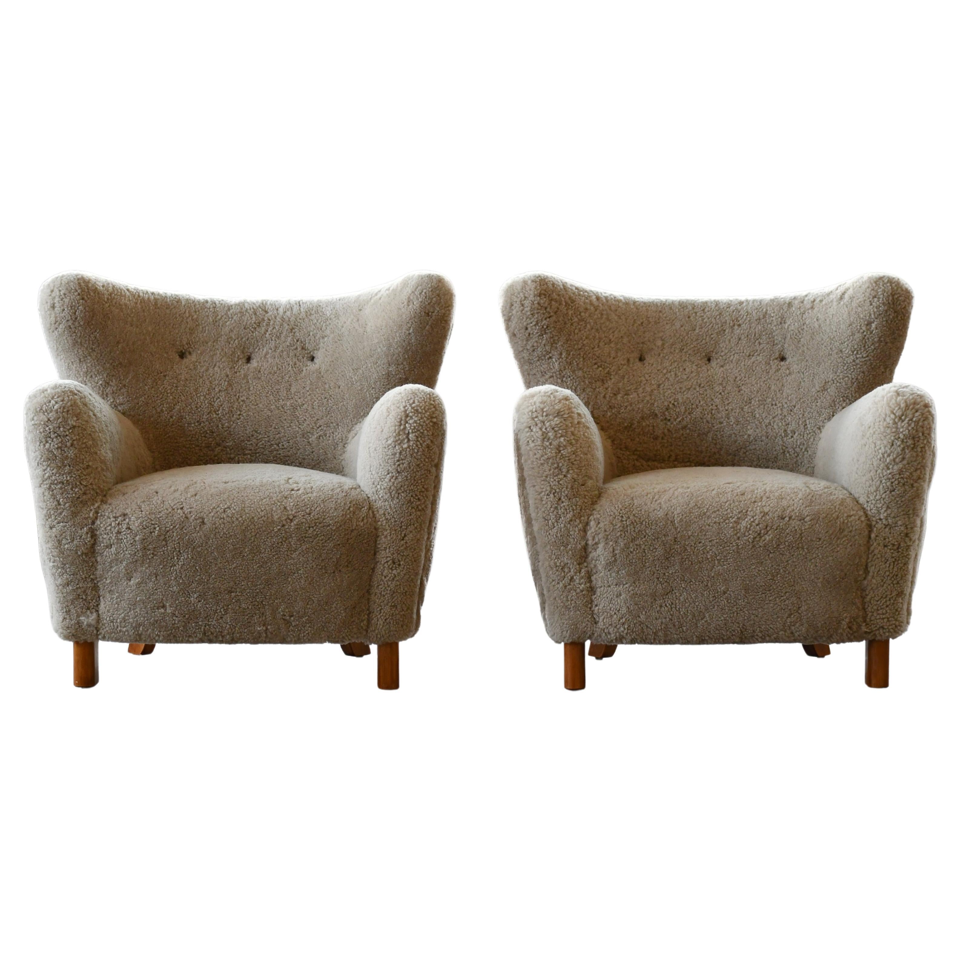 Pair of 1940's Style Classic Club or Lounge Chairs in Grey Shearling For Sale