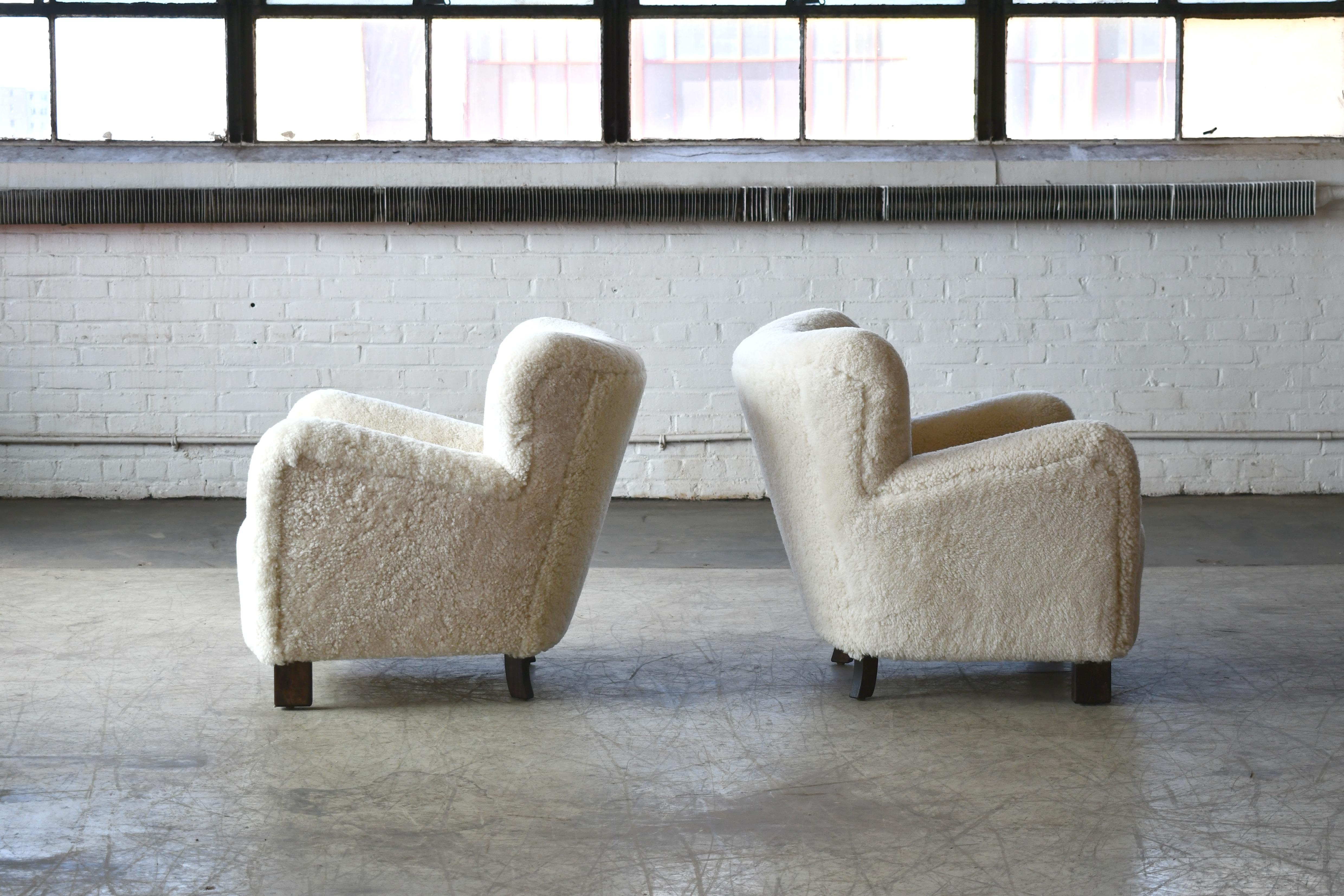 Sheepskin Pair of 1940s Style Classic Club or Lounge Chairs in Shearling