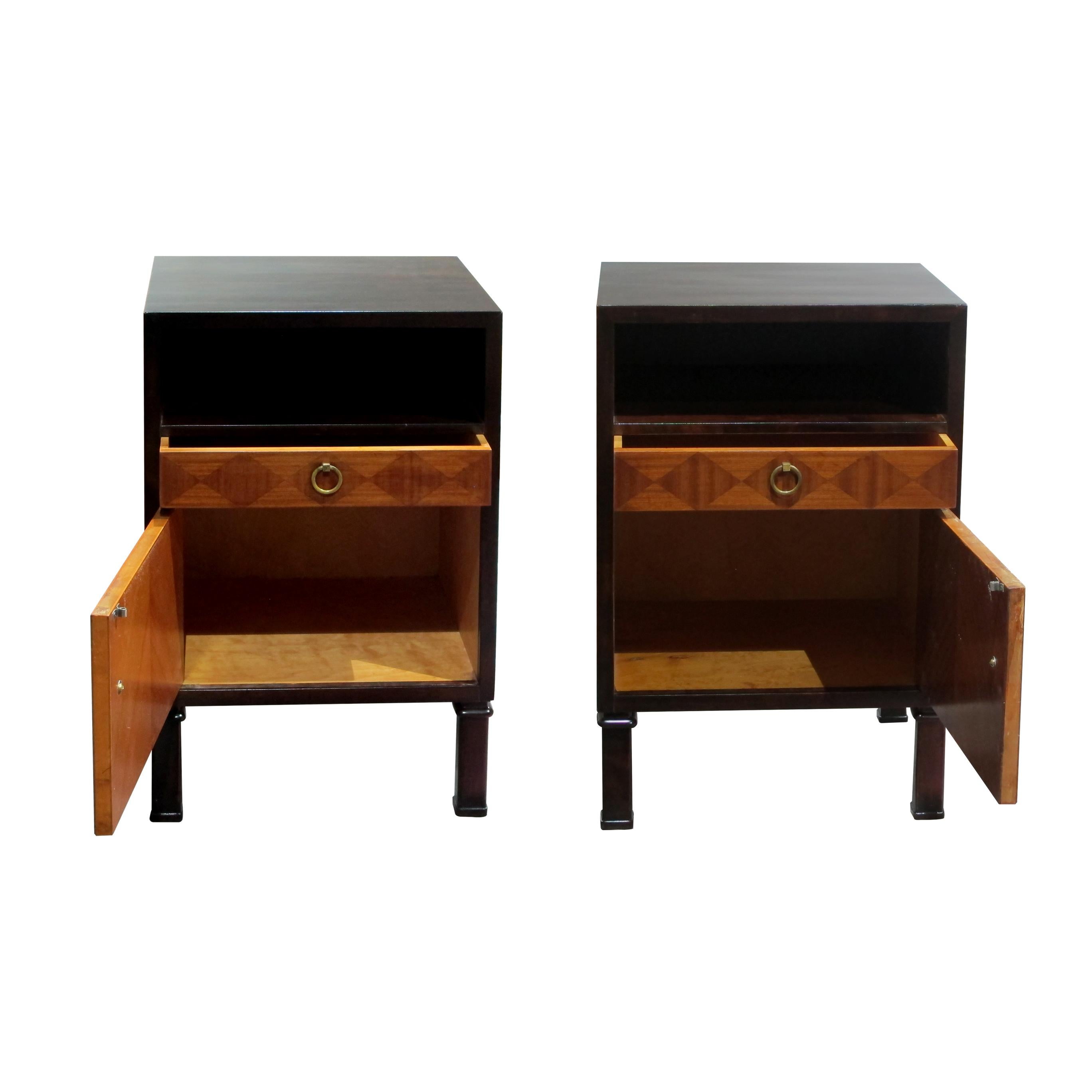 A pair of 1930s-1940s symmetrical bedside tables or nightstands designed by Axel Larsson for SMF Bodafors in Sweden. The nightstands have been re-polished and are in good vintage condition with some wear which is commensurate with their age and past