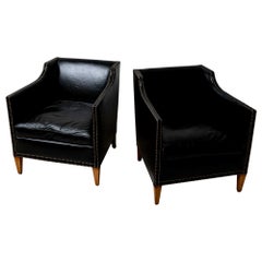 Pair of 1940s Swedish Black Leather Armchairs with Studded Decorative Detailing