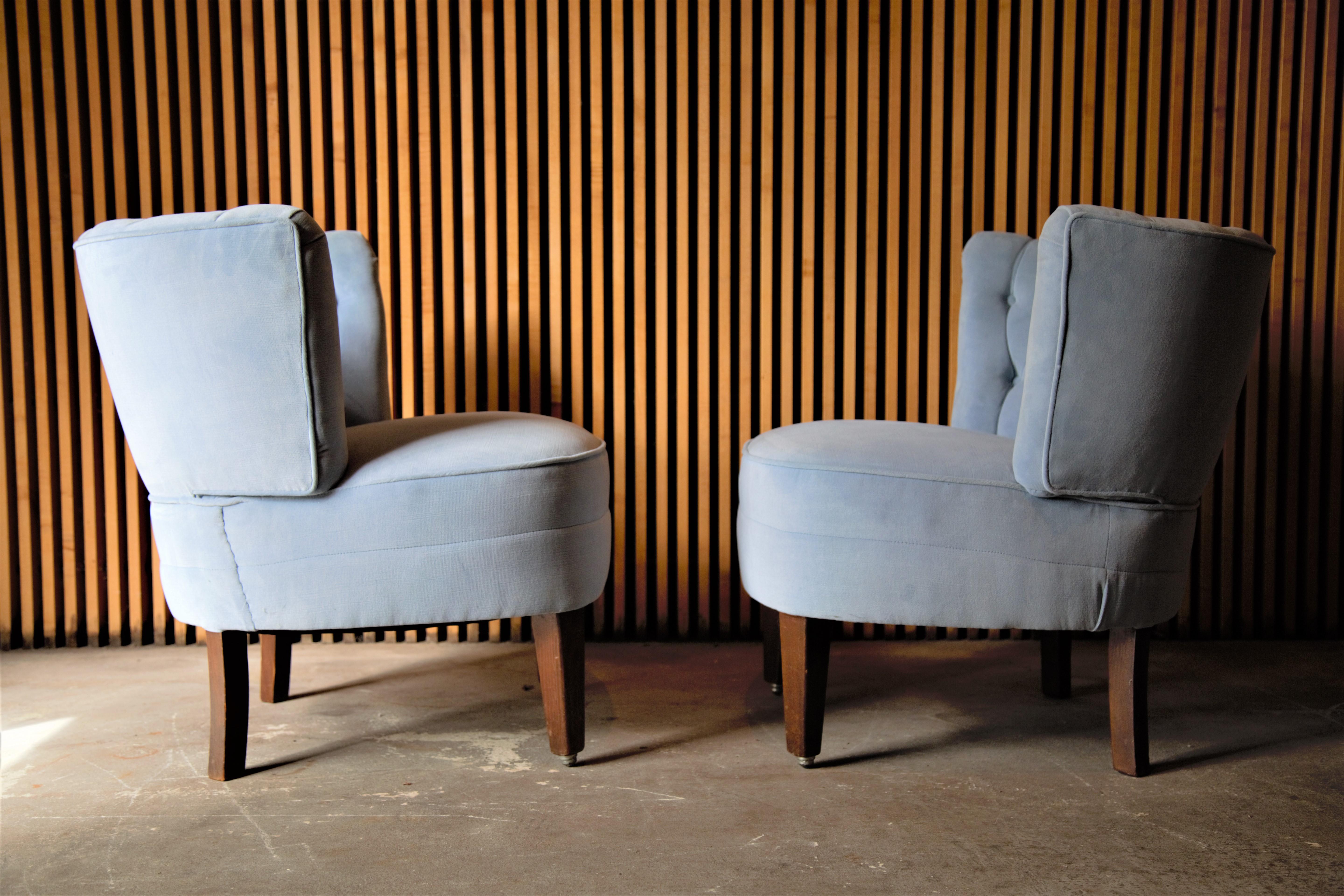 Velvet Pair of 1940s Swedish Lounge Chairs Attributed to Otto Schulz