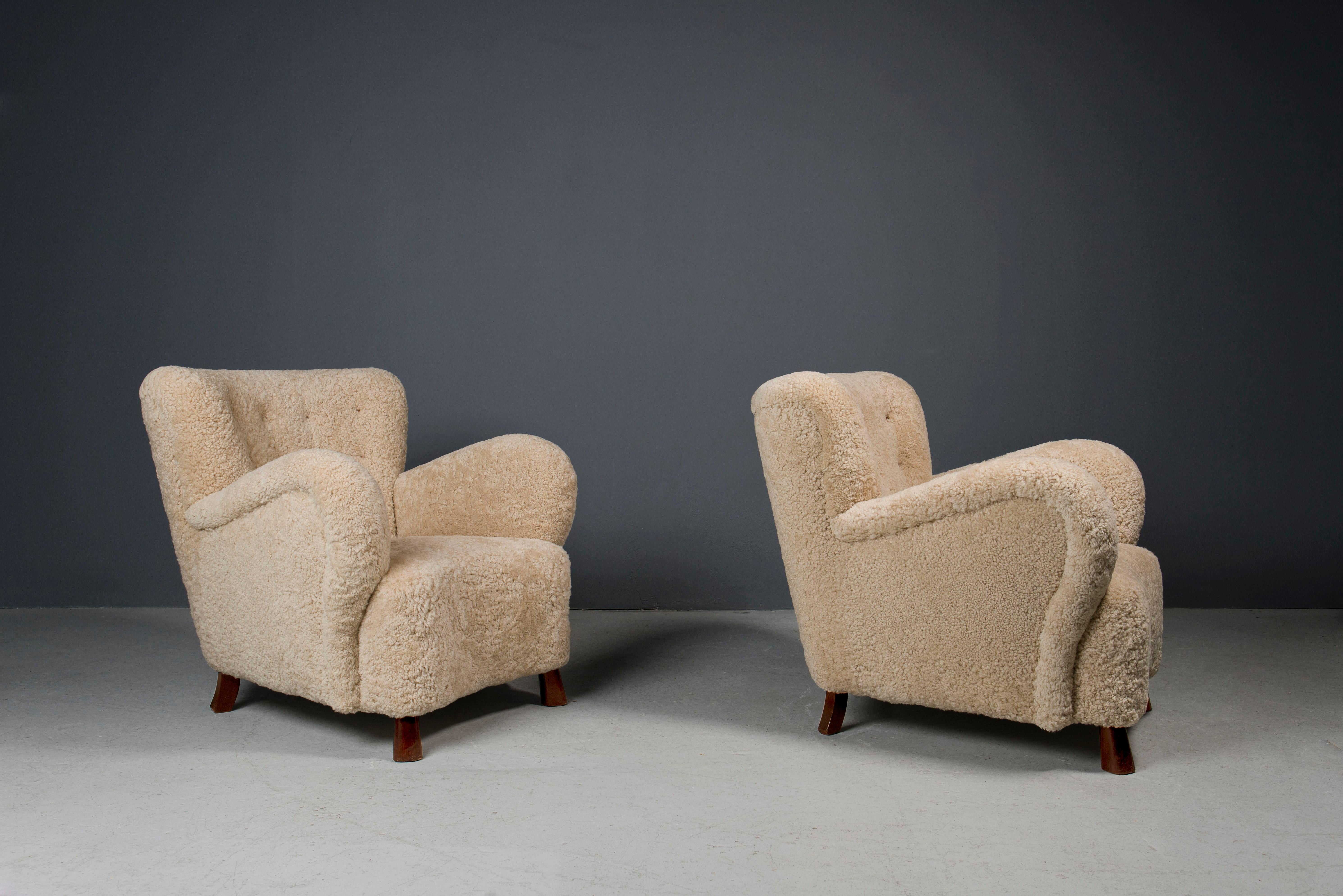 Scandinavian Modern Pair of 1940s Swedish Shearling Chairs