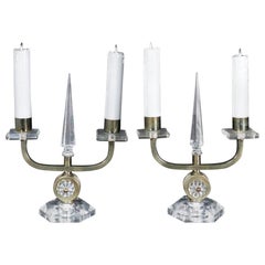 Pair of 1940s Table Candlesticks in Bronze and Cristal