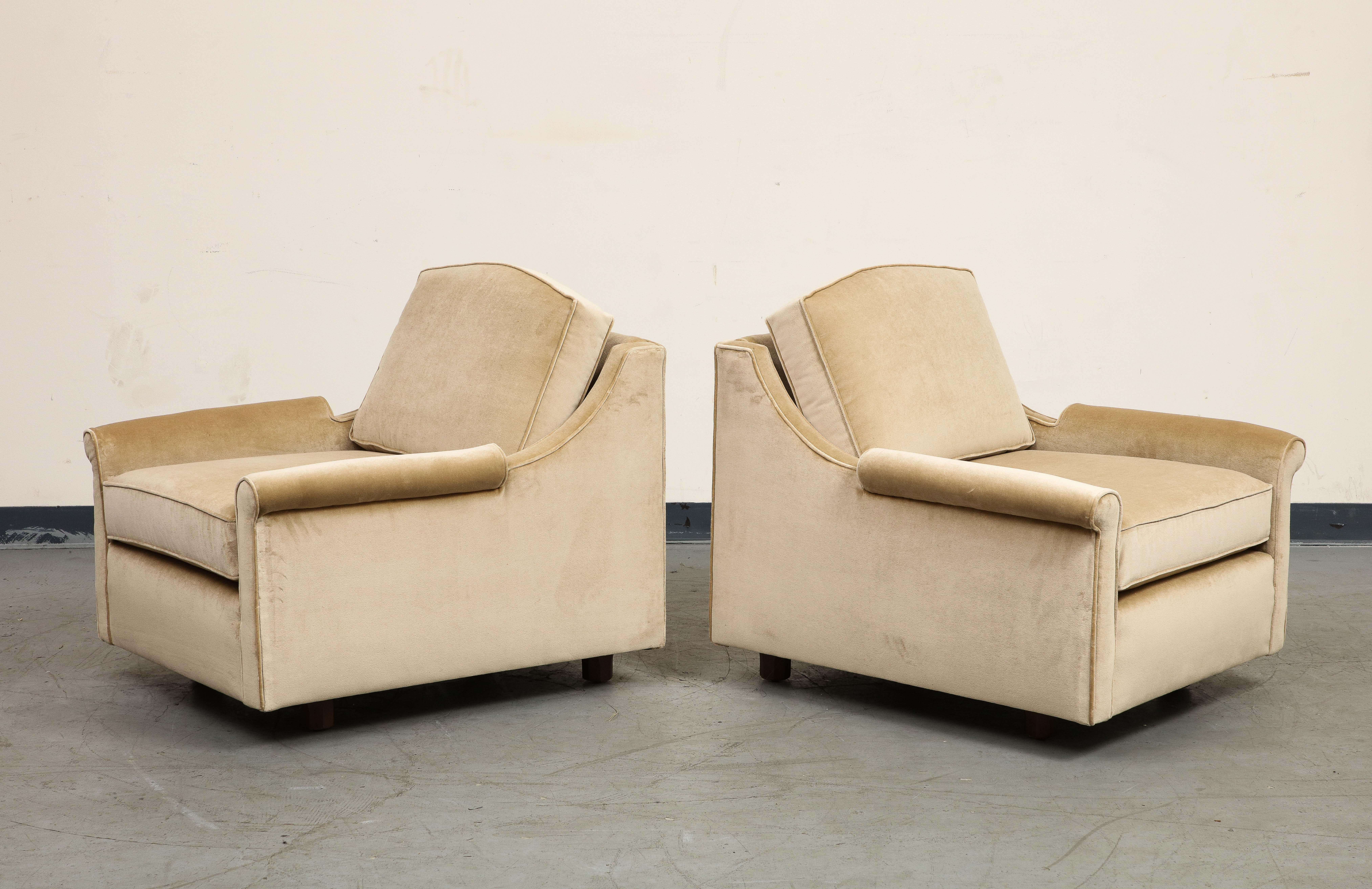 Mid-20th Century Pair of 1940s Tan Velvet Club Chairs, Newly Upholstered For Sale