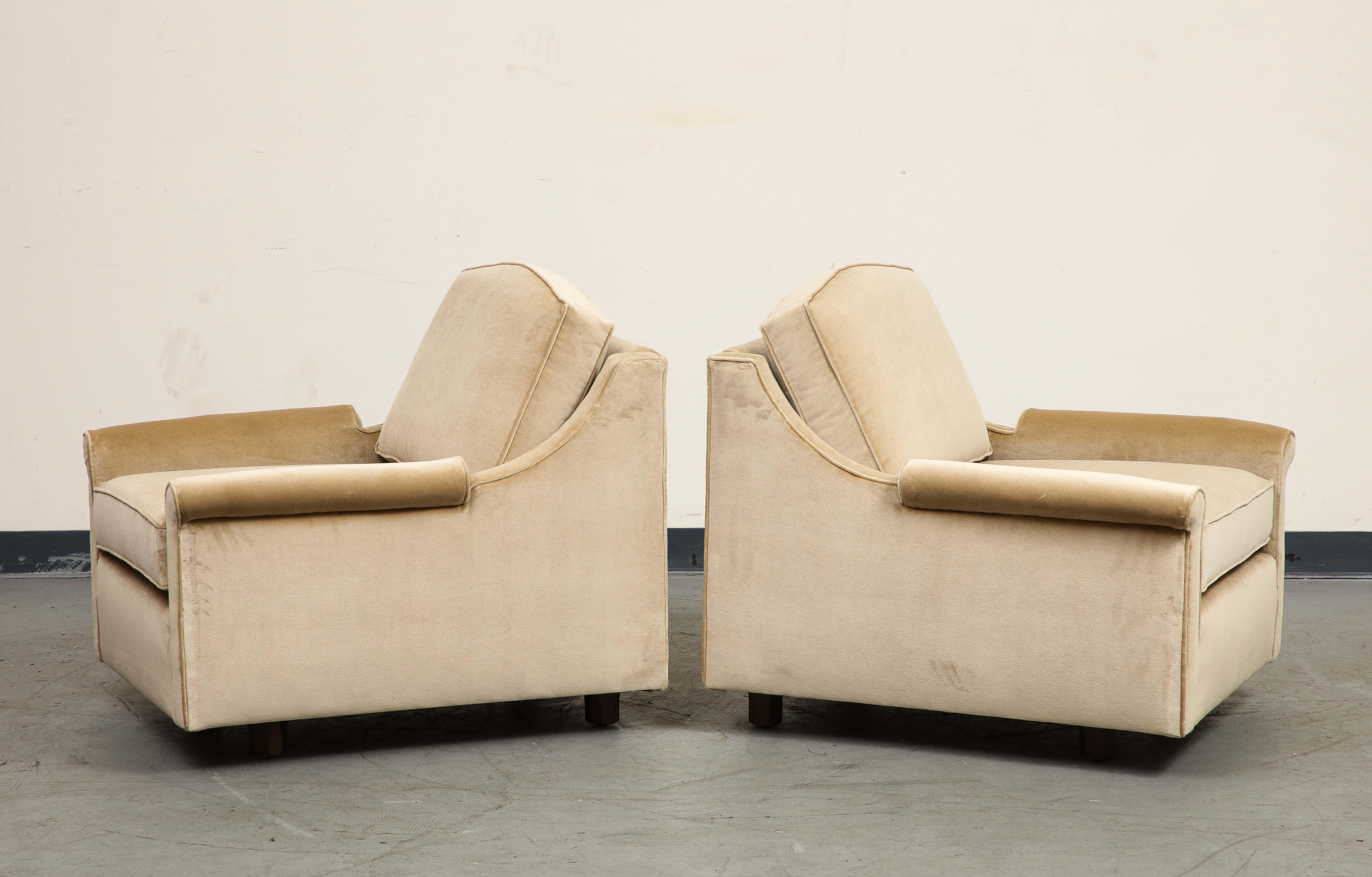 Pair of 1940s Tan Velvet Club Chairs, Newly Upholstered For Sale 1