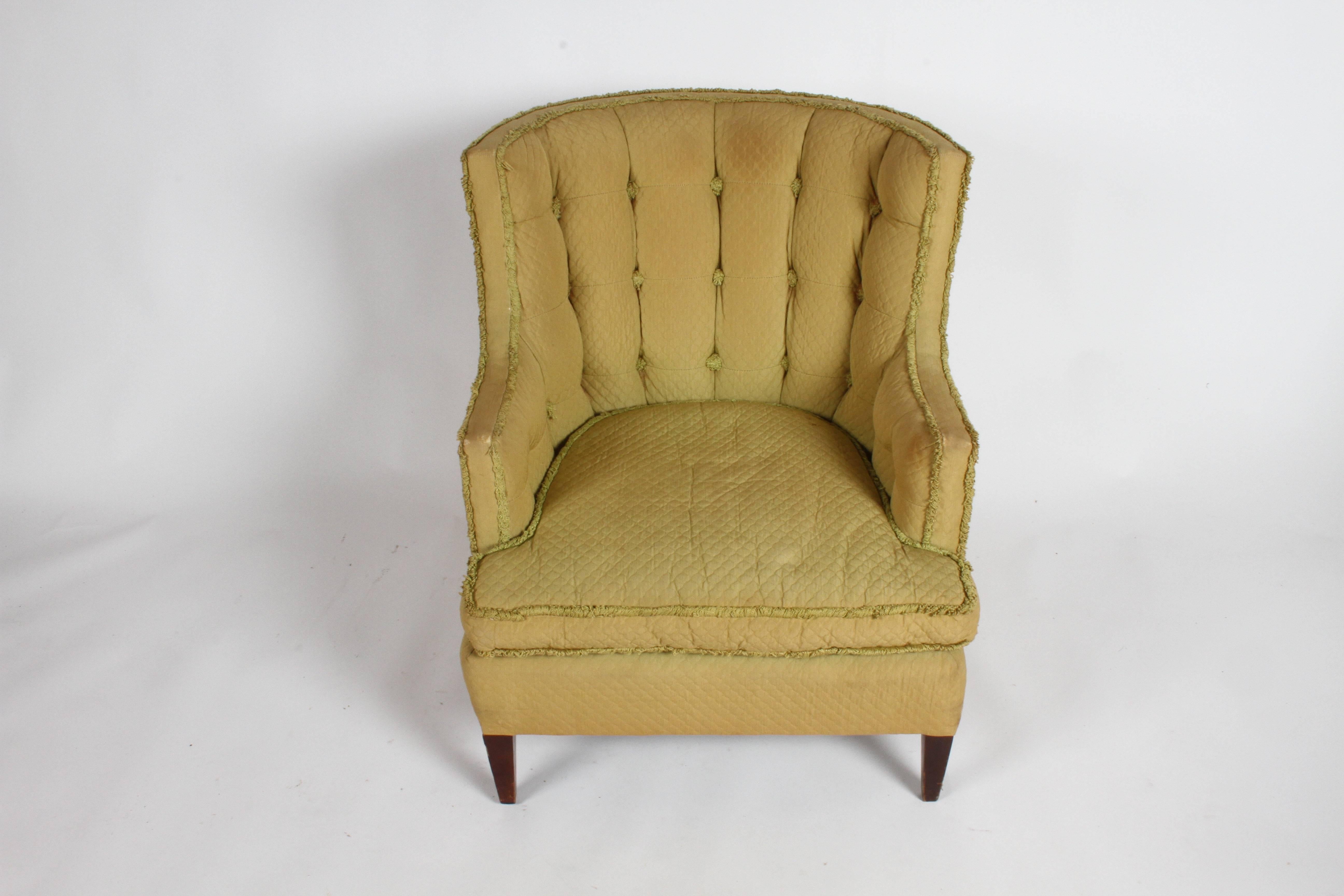 Looking for a Project ? Here are a pair of stylish 1940s tufted wingback or barrel back club / lounge chairs. All original, solid quality American made chairs, in need of reupholstry and refinshing. Please inquire if you would like a quote on