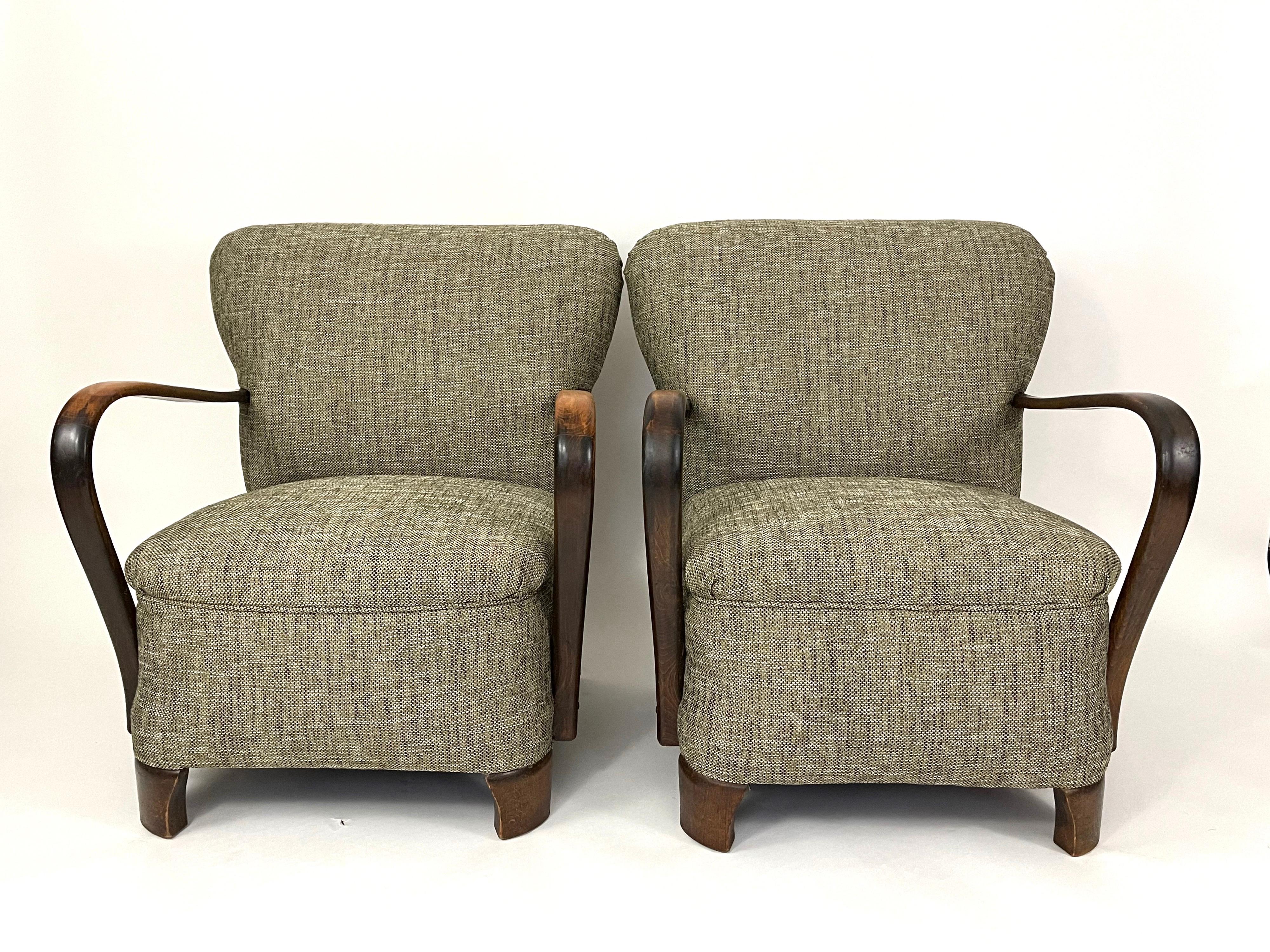 Art Deco Pair of 1940s Upholstered Bentwood Lounge Chairs