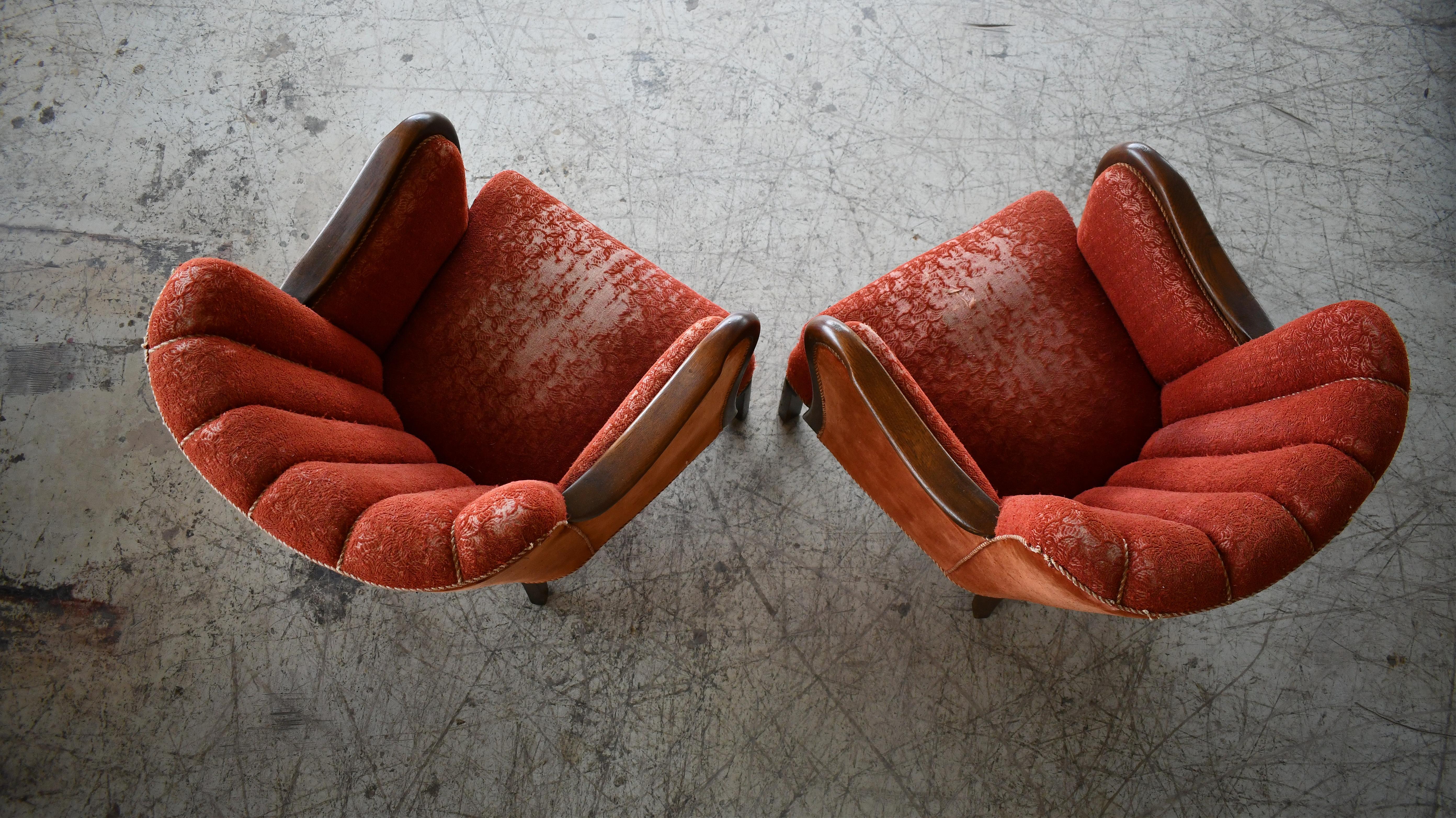 Wool Pair of 1940's Viggo Boesen Attributed Danish Lounge Chairs in Beech  For Sale