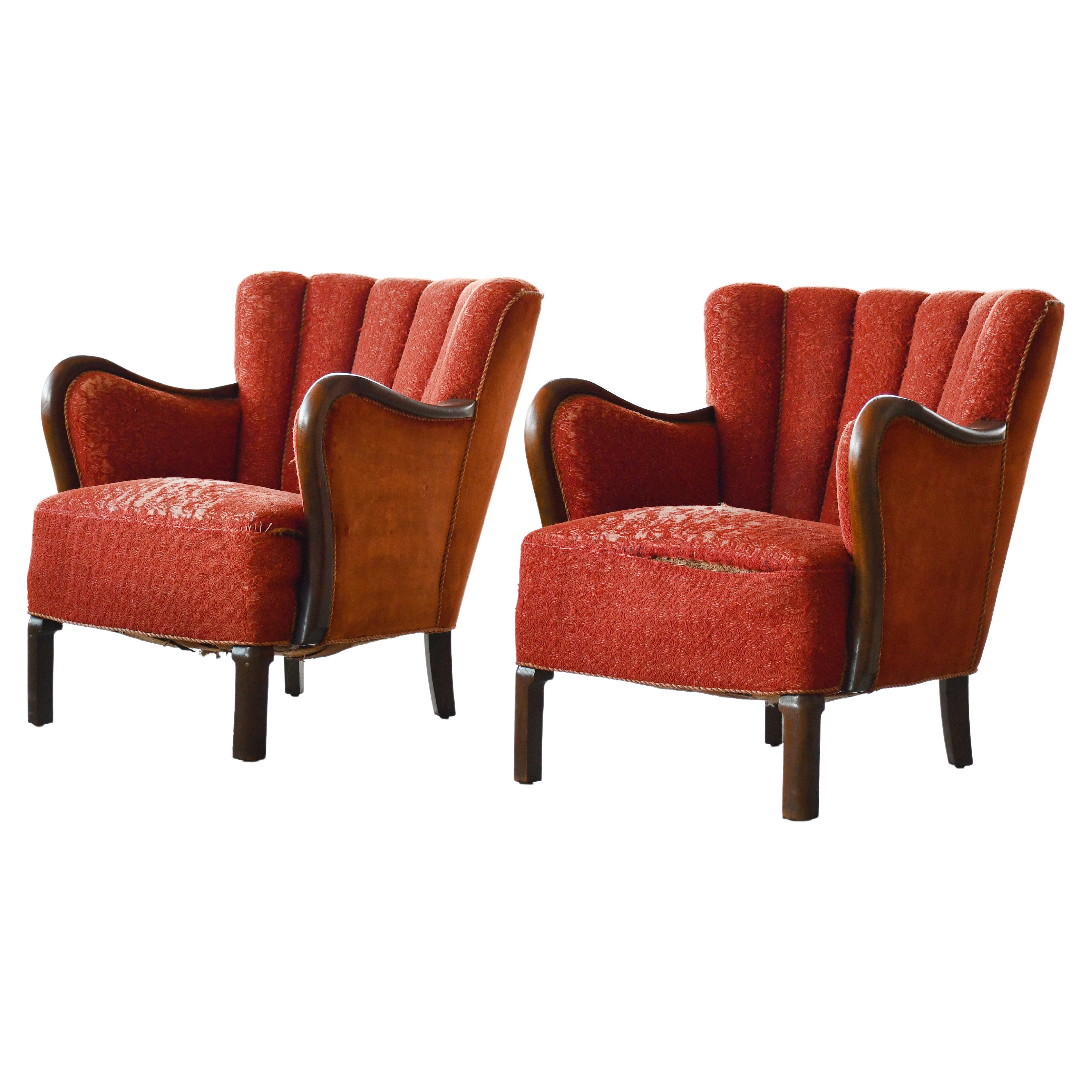 Pair of 1940's Viggo Boesen Attributed Danish Lounge Chairs in Beech 